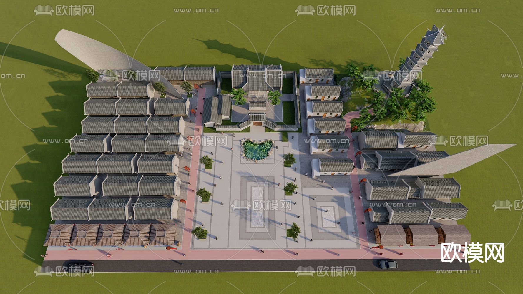 中式传统广场规划su模型下载（渲染图1）