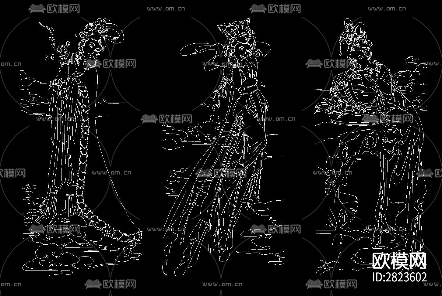 古代美女12金钗cad图库下载（渲染图1）