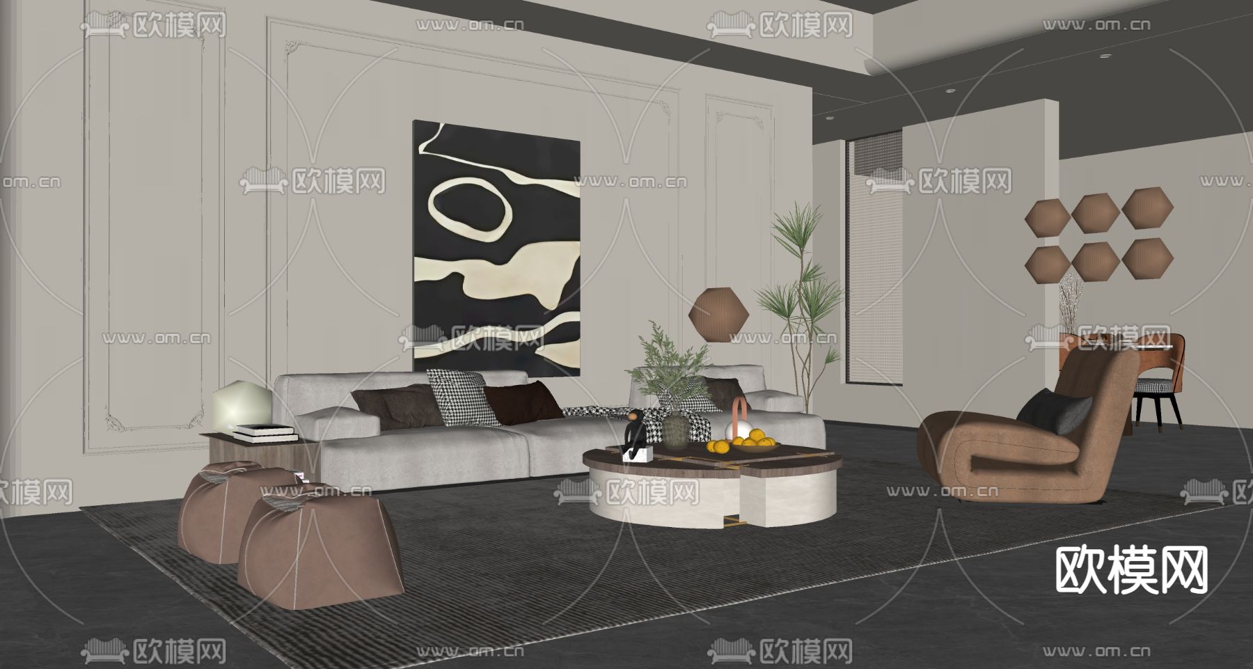 简欧组合沙发su模型下载（渲染图2）