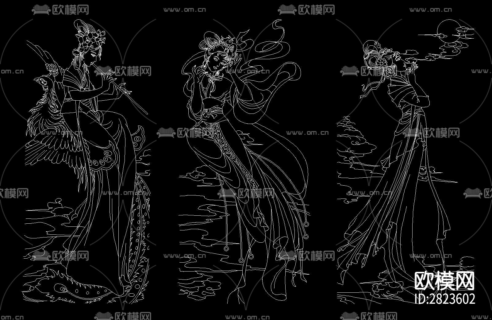 古代美女12金钗cad图库下载（渲染图3）