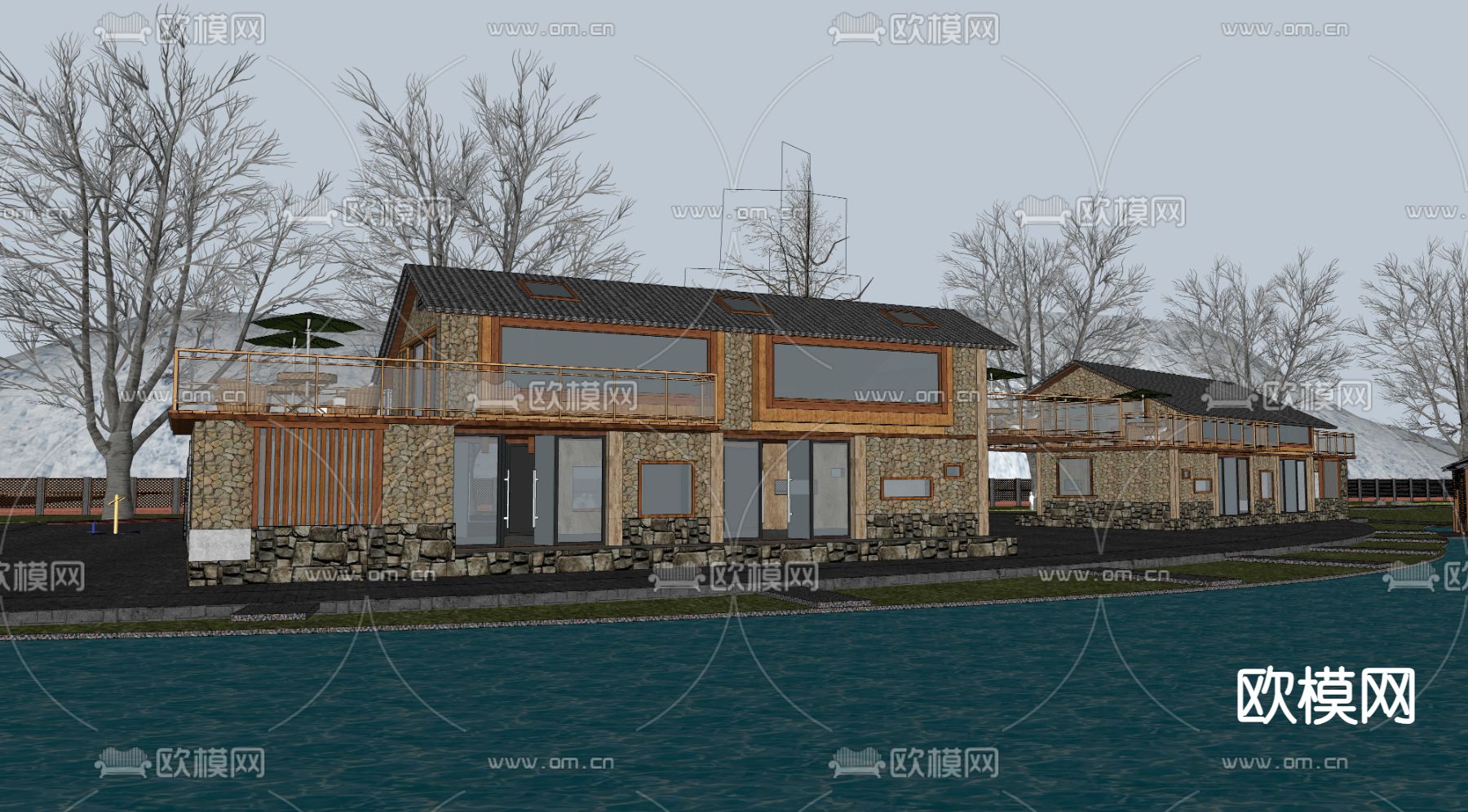 现代民宿建筑 滨水建筑su模型下载（渲染图3）