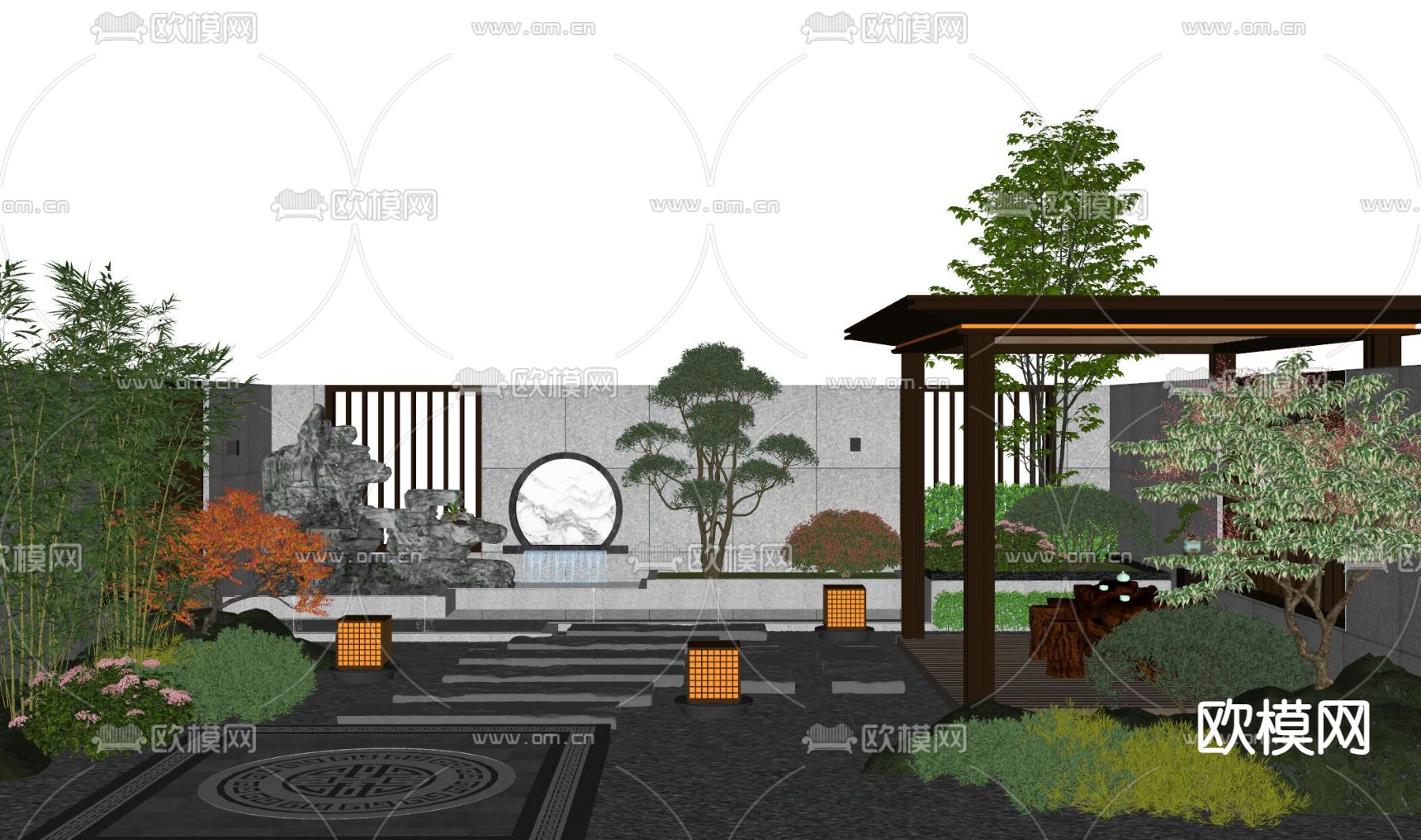 新中式庭院景观su模型下载（渲染图2）