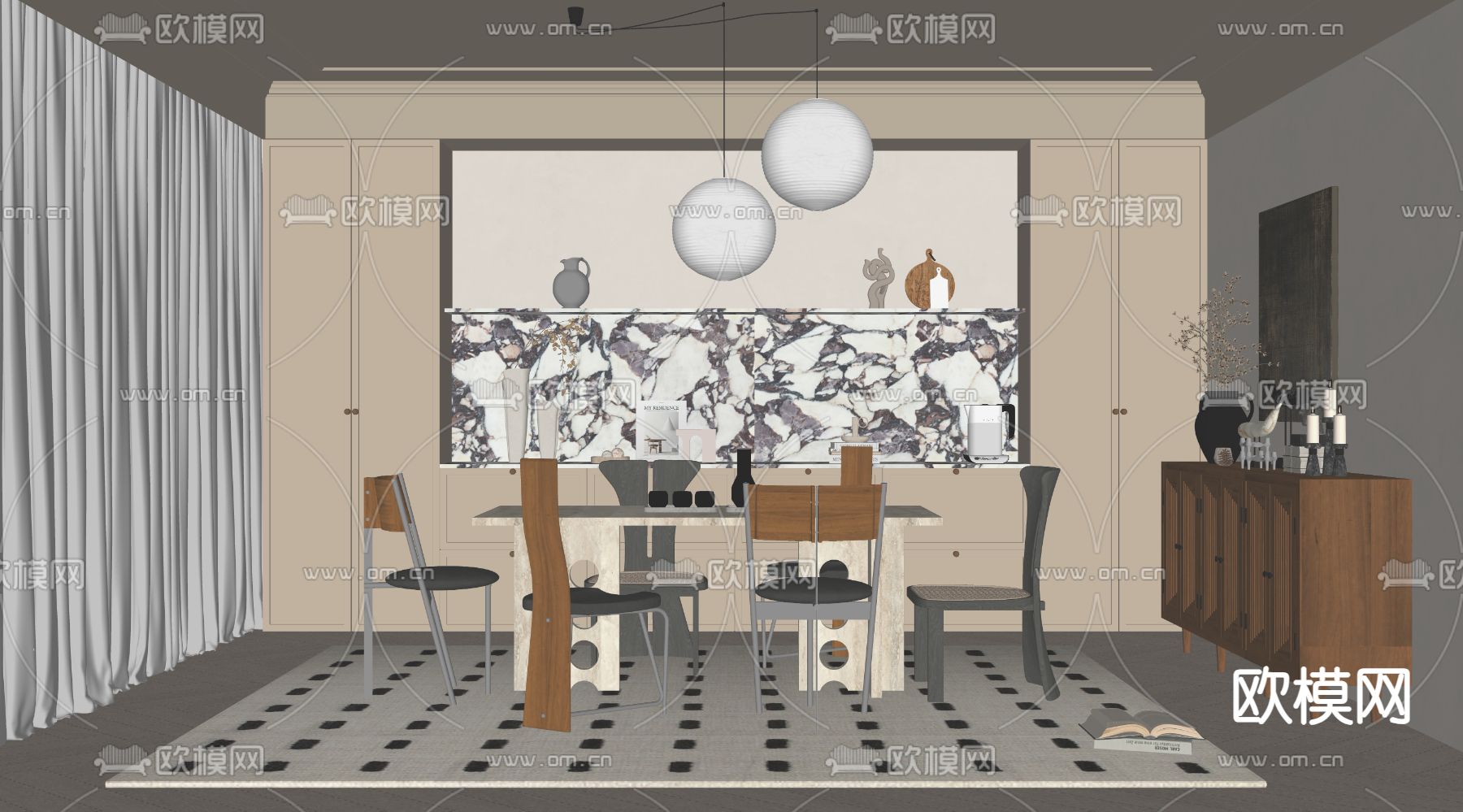 中古风餐厅su模型下载（渲染图2）