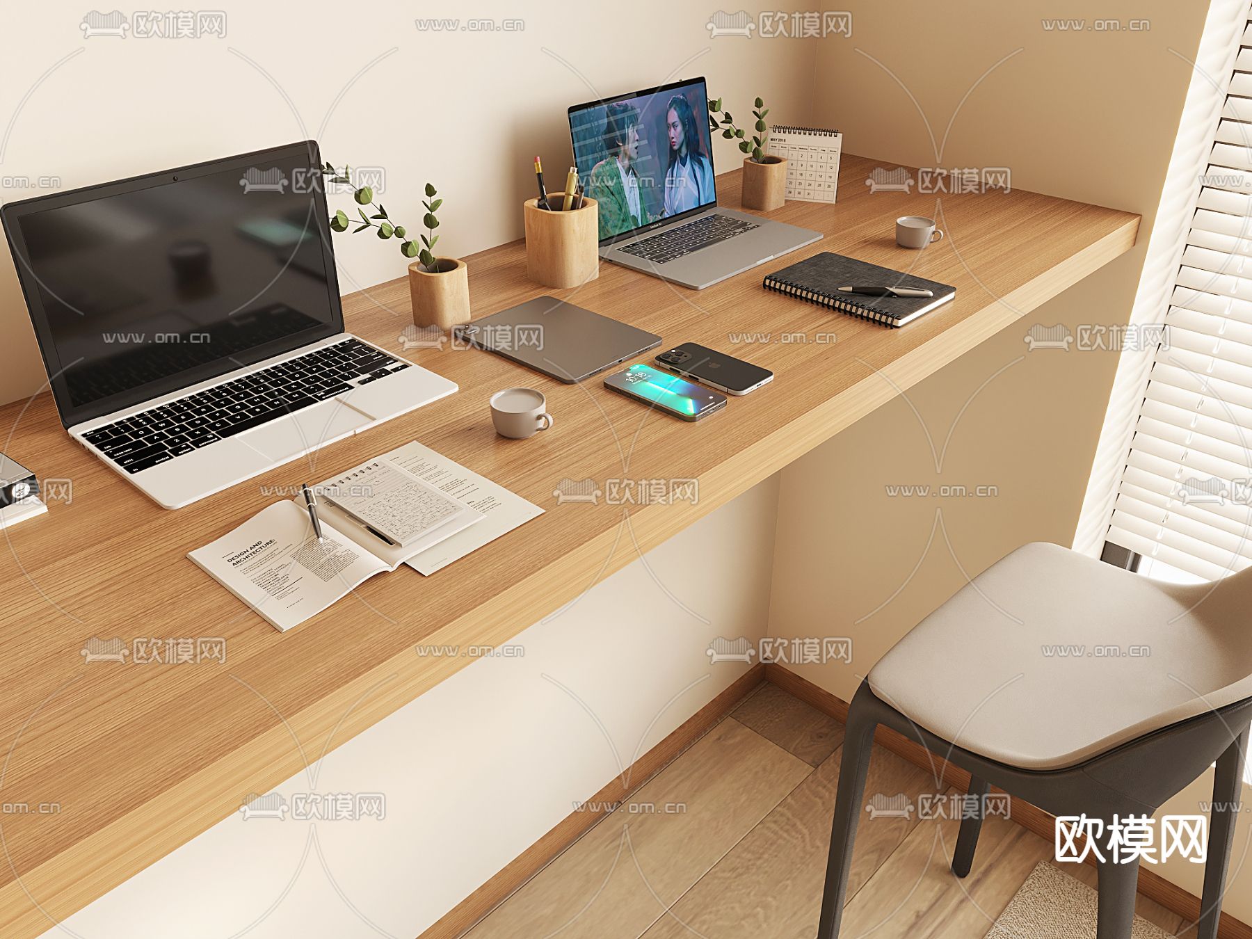 办公用品 笔记本电脑 书本 笔记本 日历3d模型下载