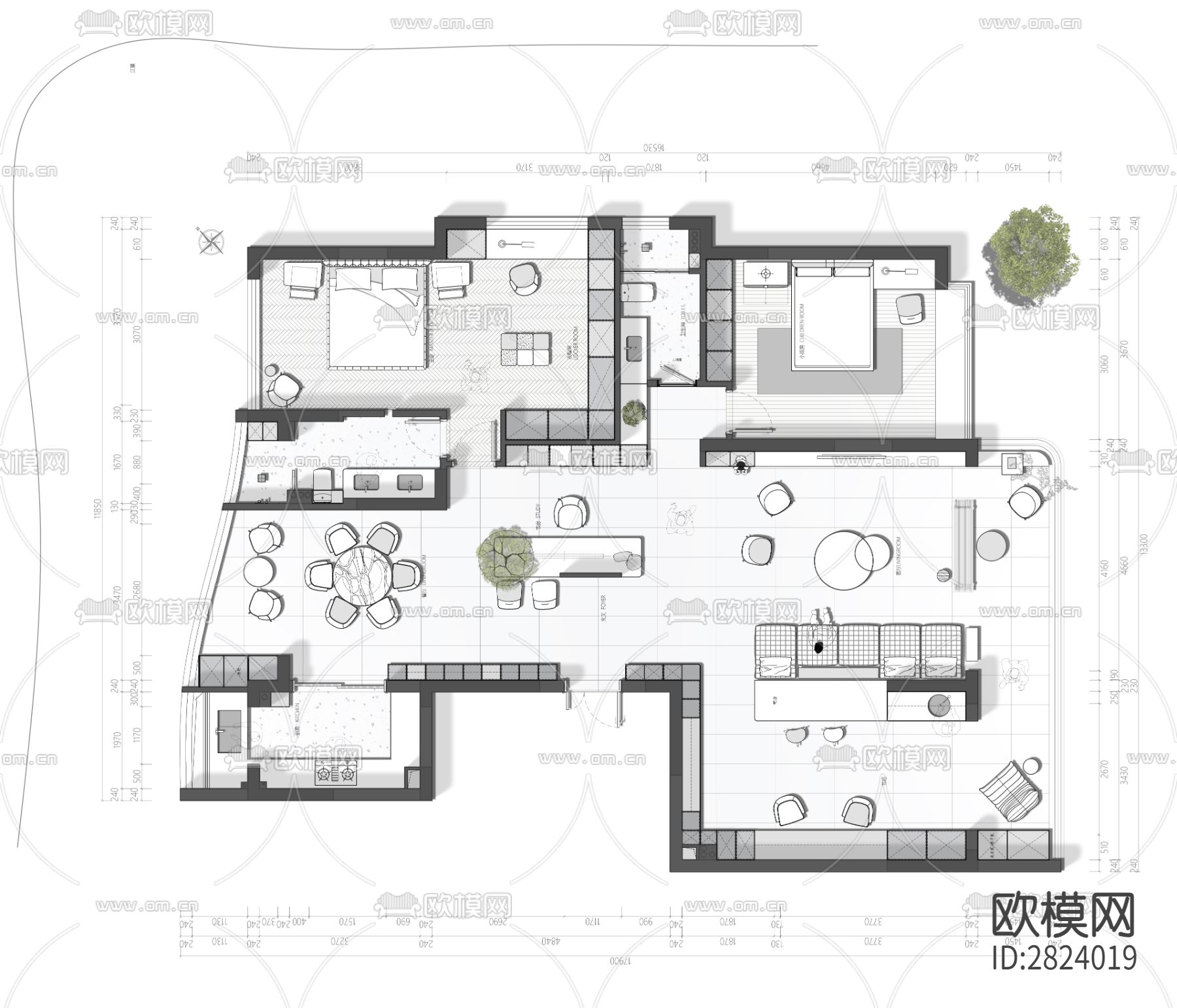 江景房195平cad施工图下载（渲染图1）