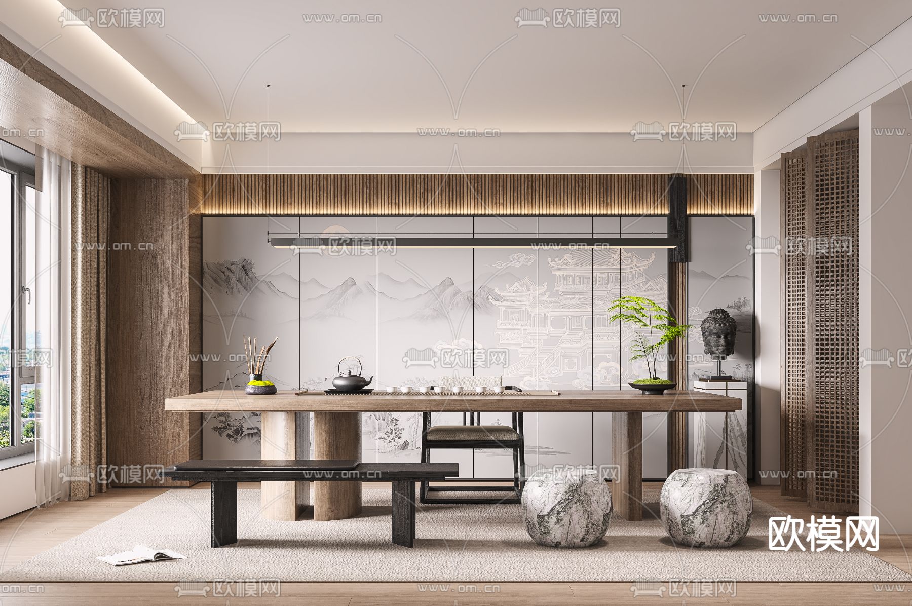 新中式茶室su模型下载（渲染图1）