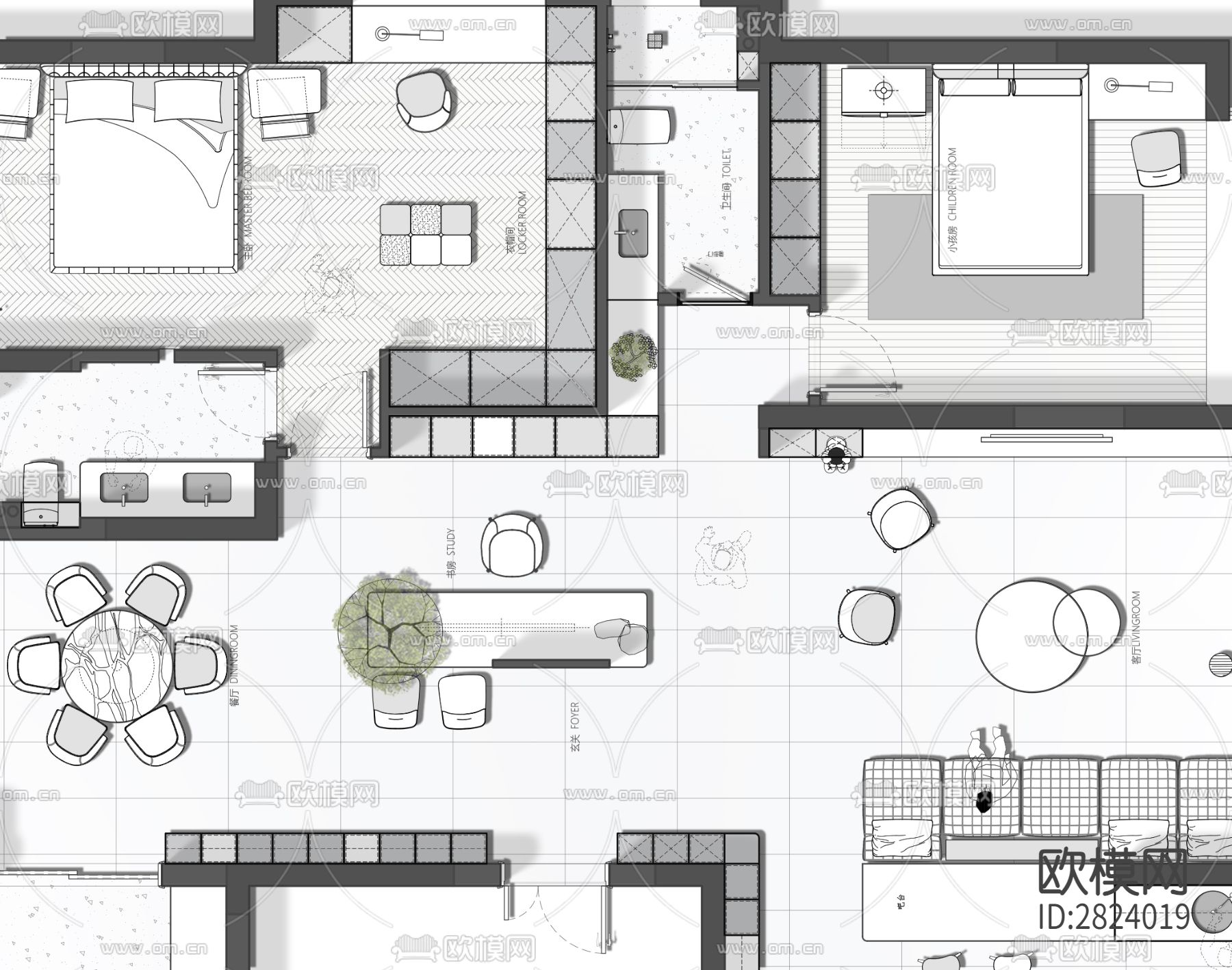 江景房195平cad施工图下载（渲染图3）