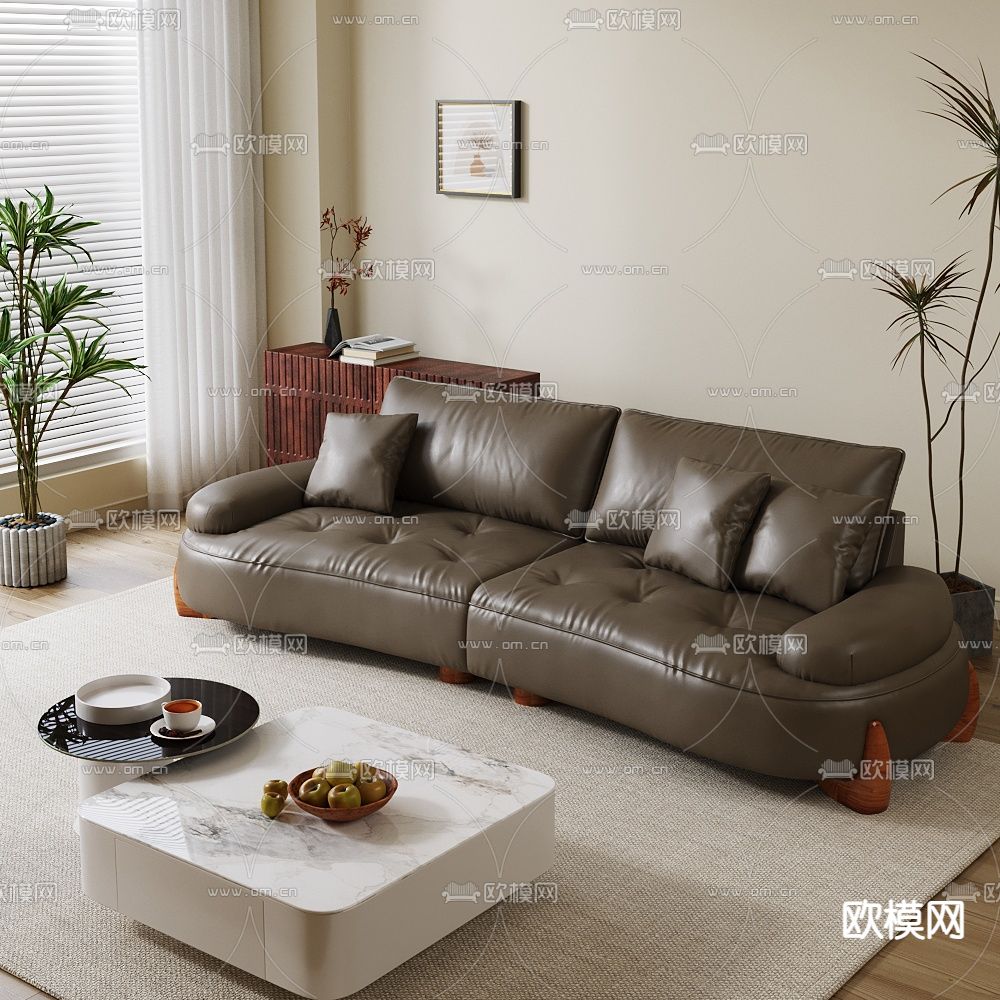 皮革沙发 多人沙发3d模型下载（渲染图1）