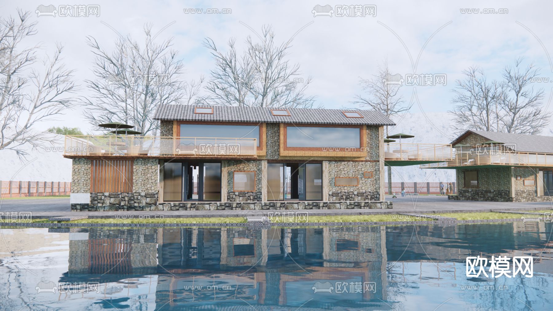 现代民宿建筑 滨水建筑su模型下载（渲染图1）