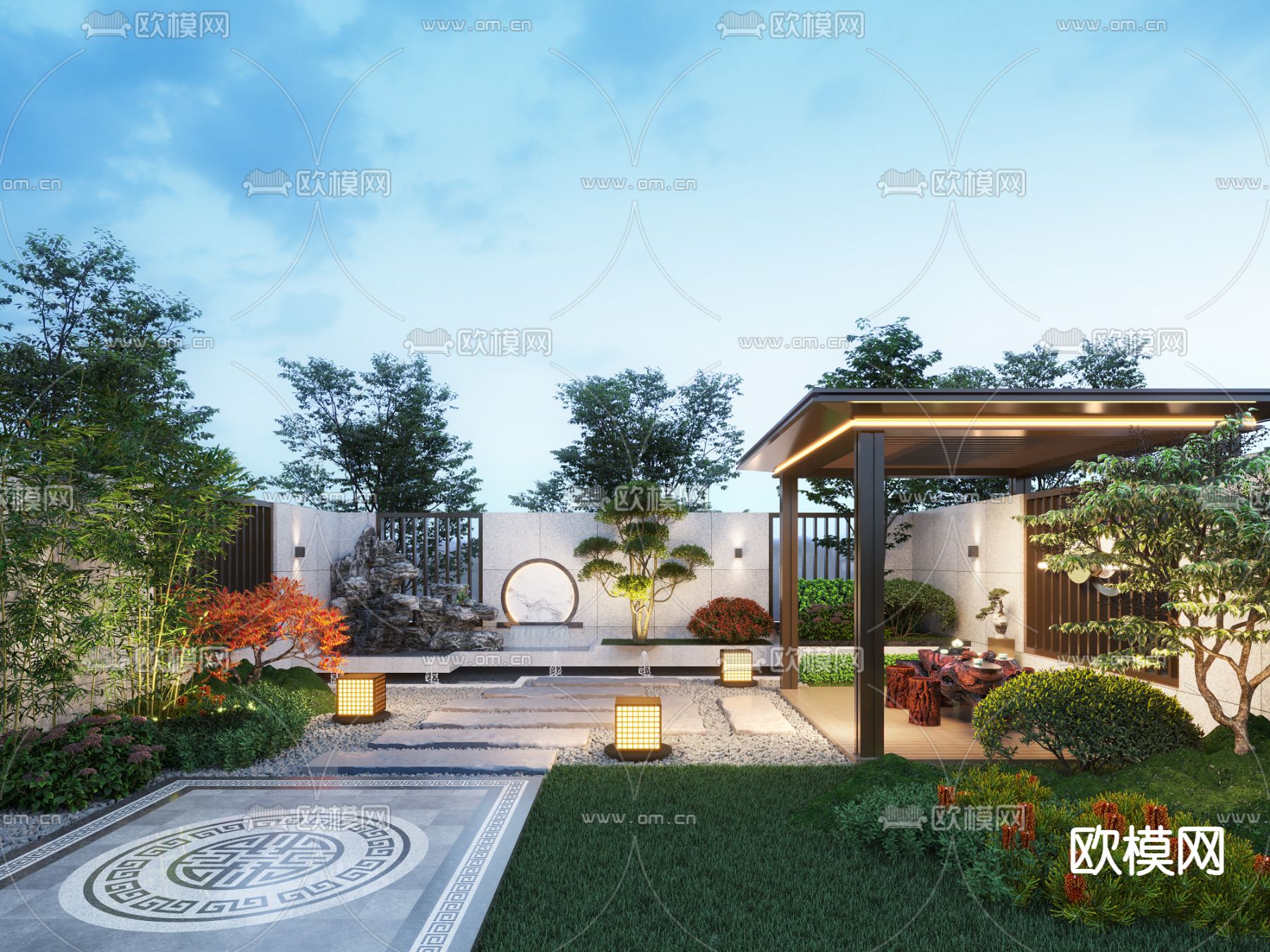 新中式庭院景观su模型下载（渲染图1）