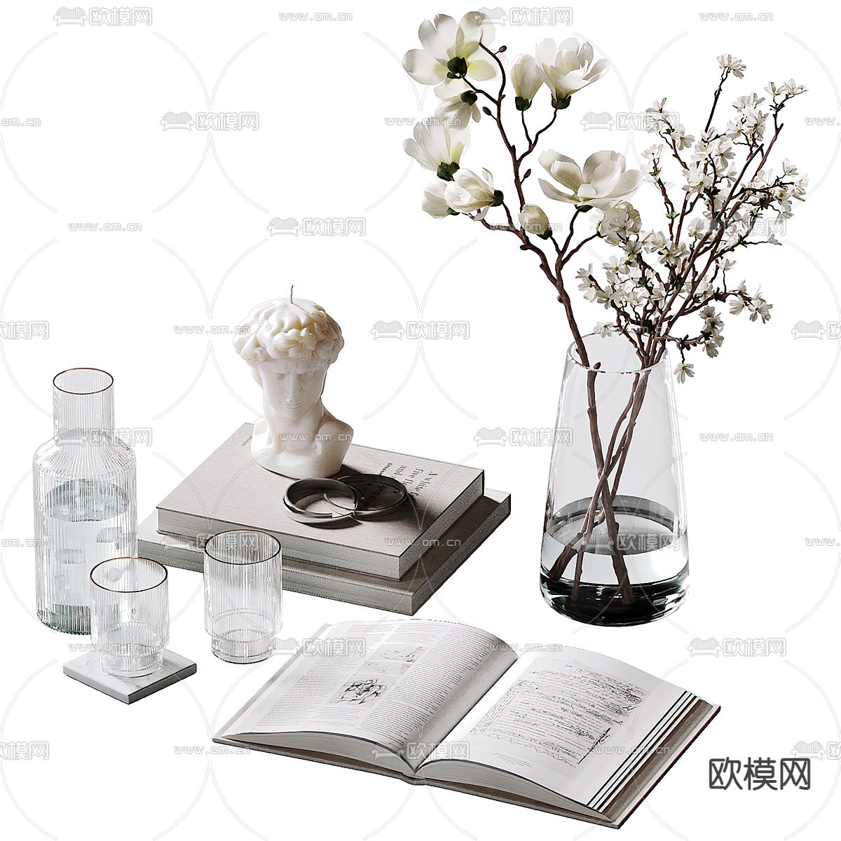 桌面摆件 书籍 花瓶 插花 雕塑 杯子3d模型下载_ID14257795_3dmax免费模型-欧模网