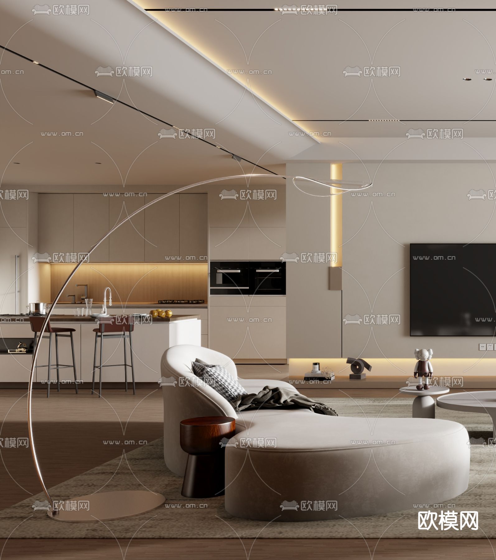 现代客厅 餐厅3d模型下载（渲染图2）