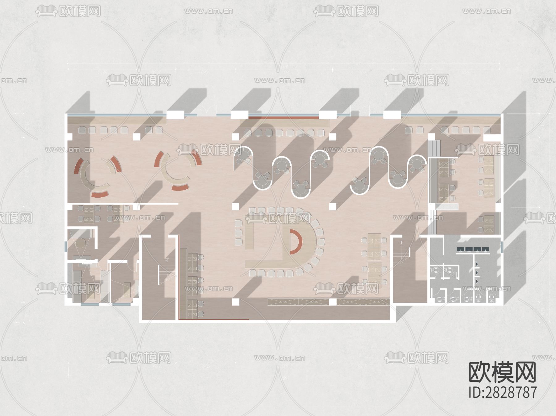 公共餐饮空间cad平面图下载（渲染图1）