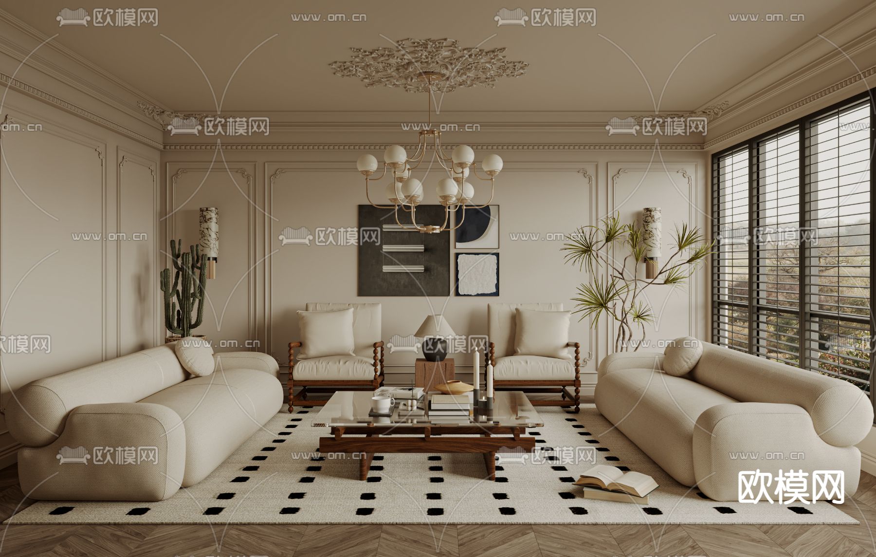 法式客厅3d模型下载（渲染图1）