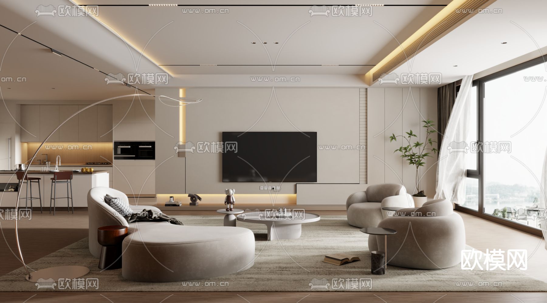 现代客厅 餐厅3d模型下载（渲染图1）