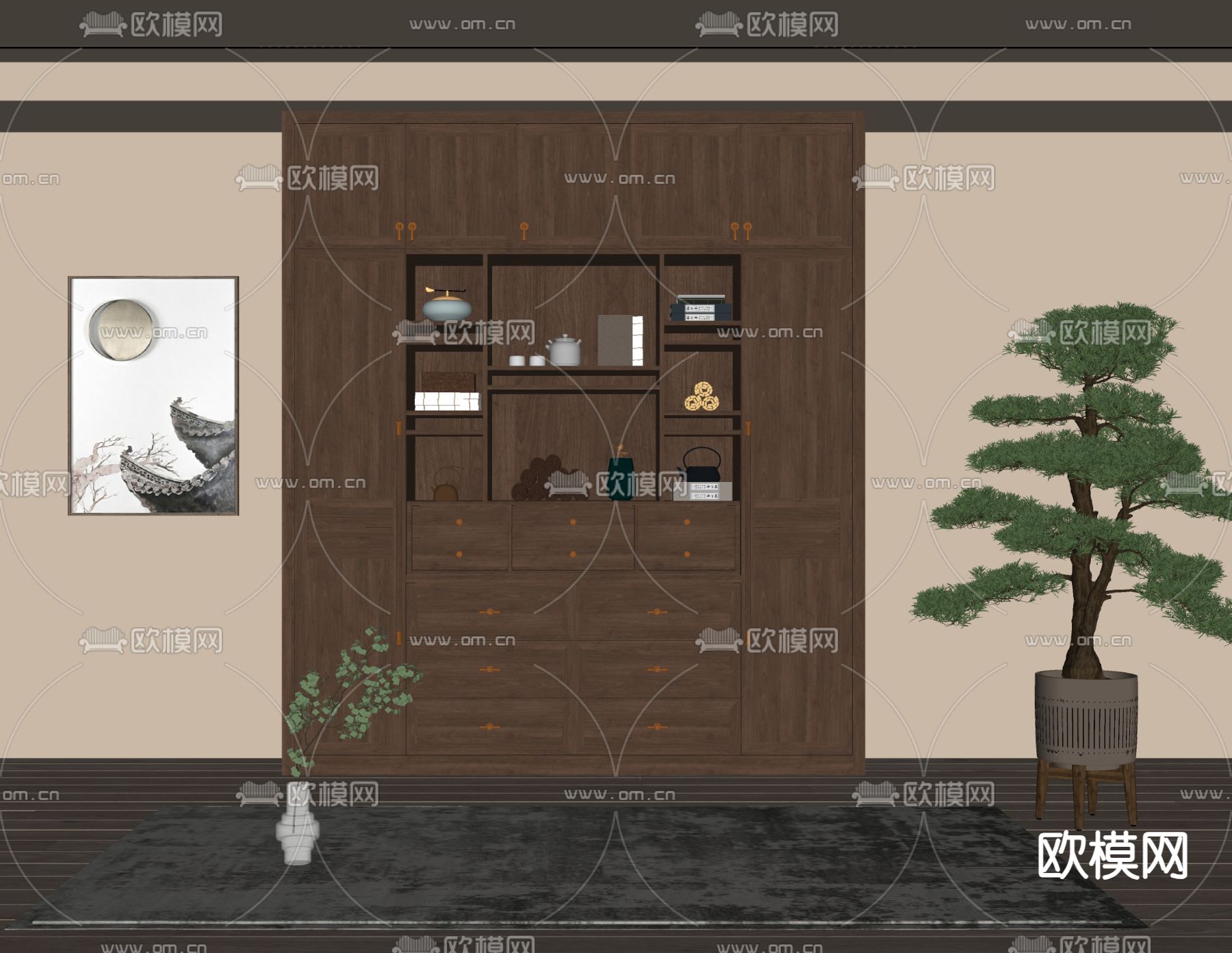 新中式书柜su模型下载（渲染图2）