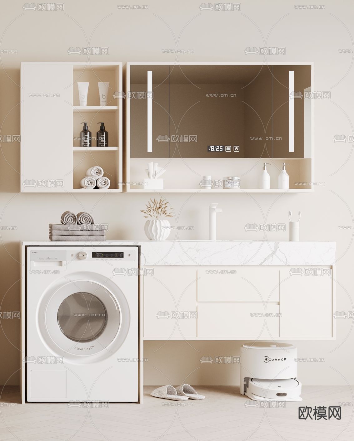 奶油风浴室柜 洗手台3d模型下载（渲染图3）