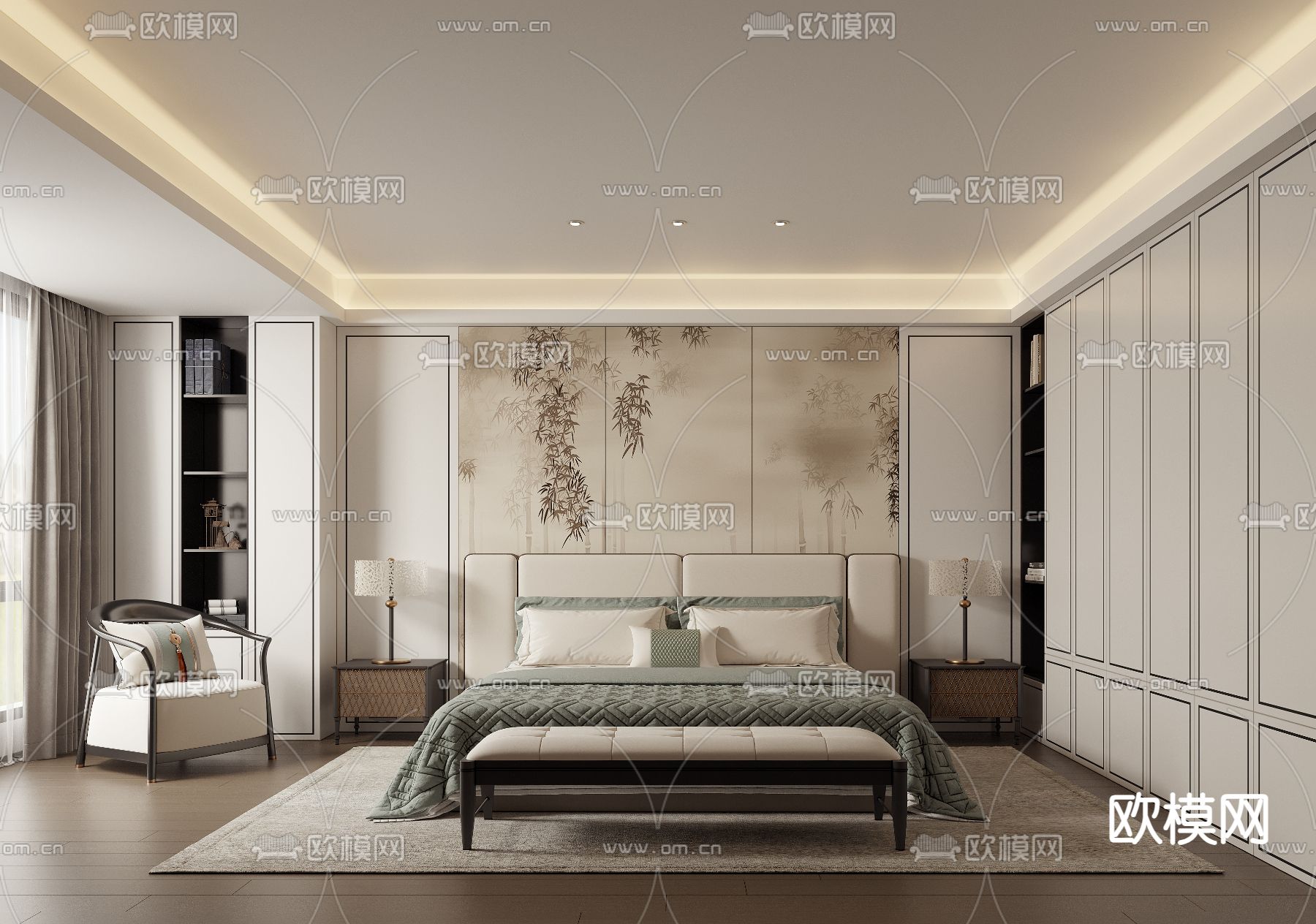 新中式卧室 主人房3d模型下载