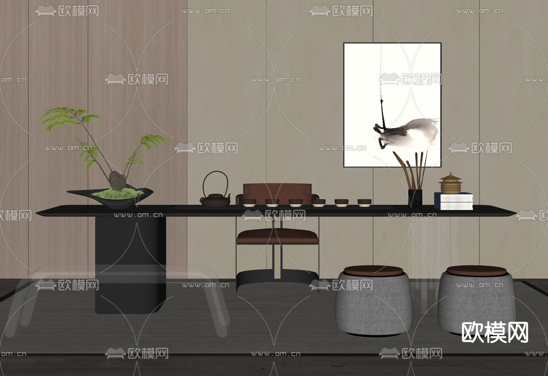 现代茶桌椅su模型下载（渲染图2）