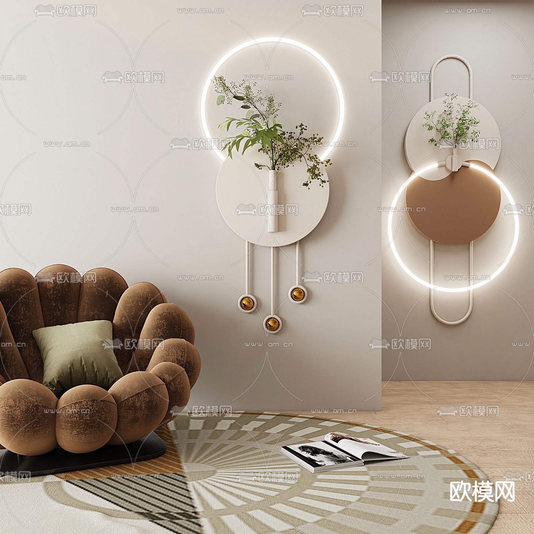 奶油风墙饰 挂饰 壁画灯3d模型下载