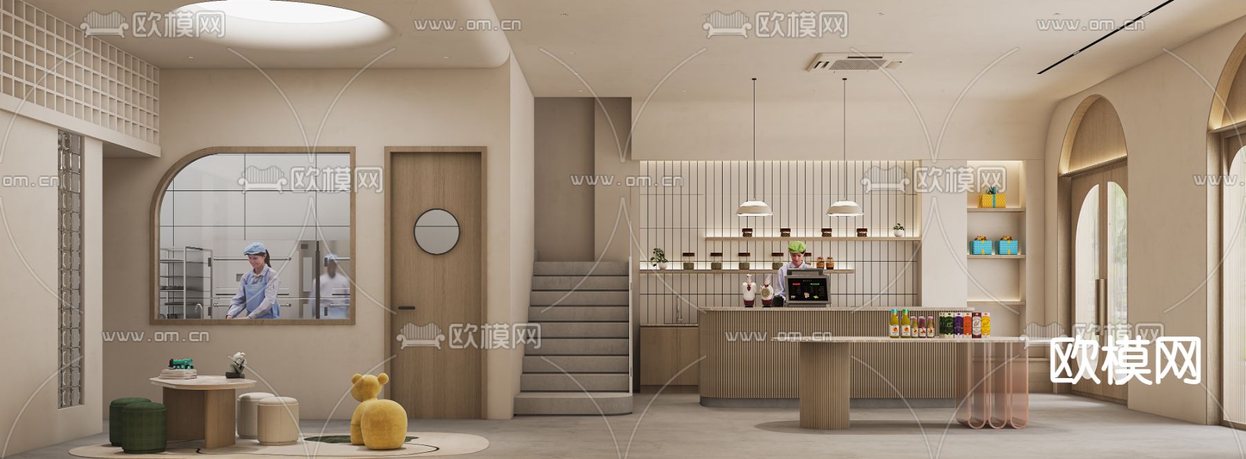 奶油风蛋糕店 面包店 烘焙店3d模型下载（渲染图1）