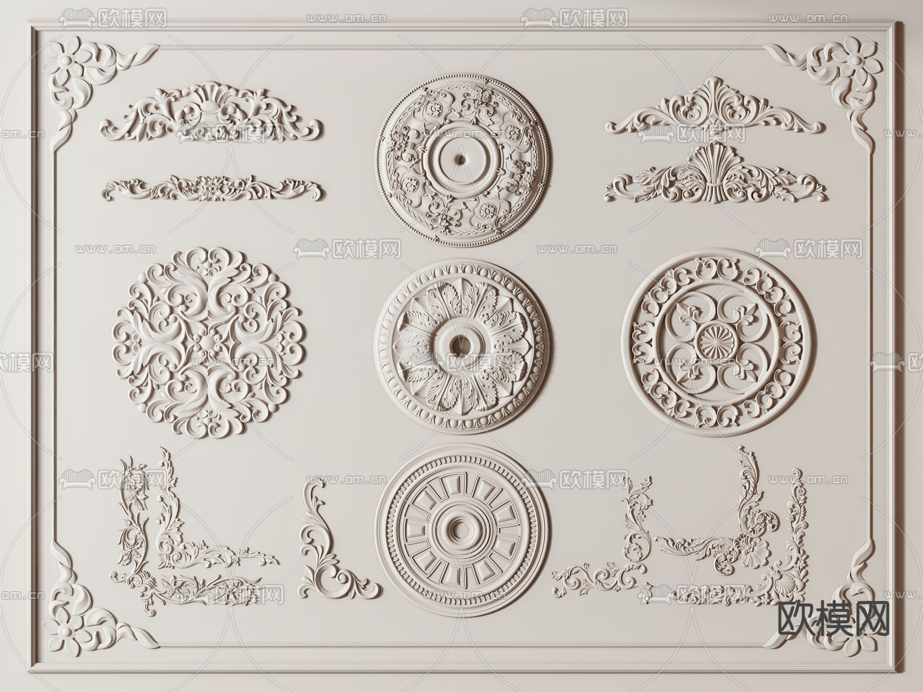法式雕花 石膏雕花 灯盘 角线3d模型下载
