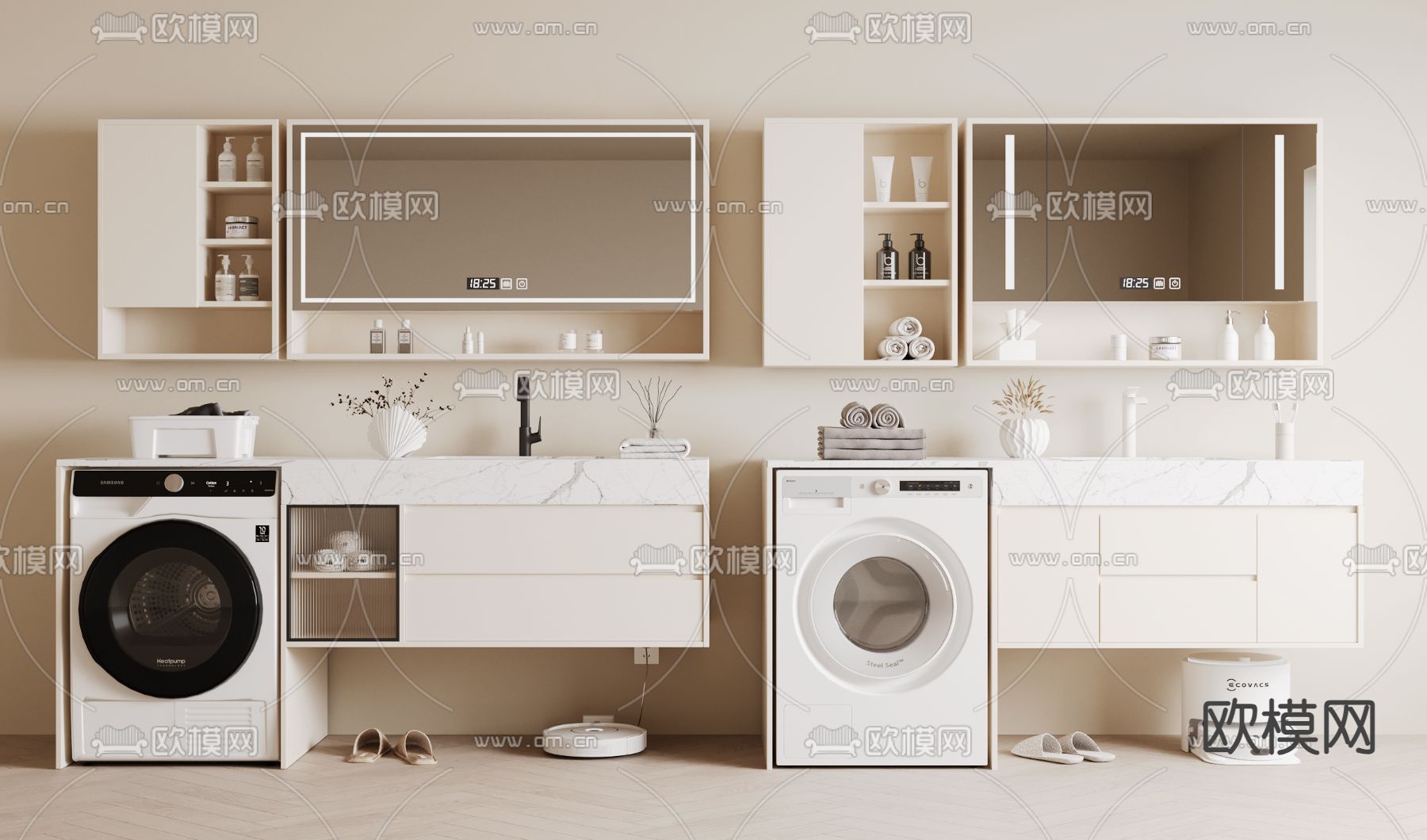 奶油风浴室柜 洗手台3d模型下载（渲染图1）