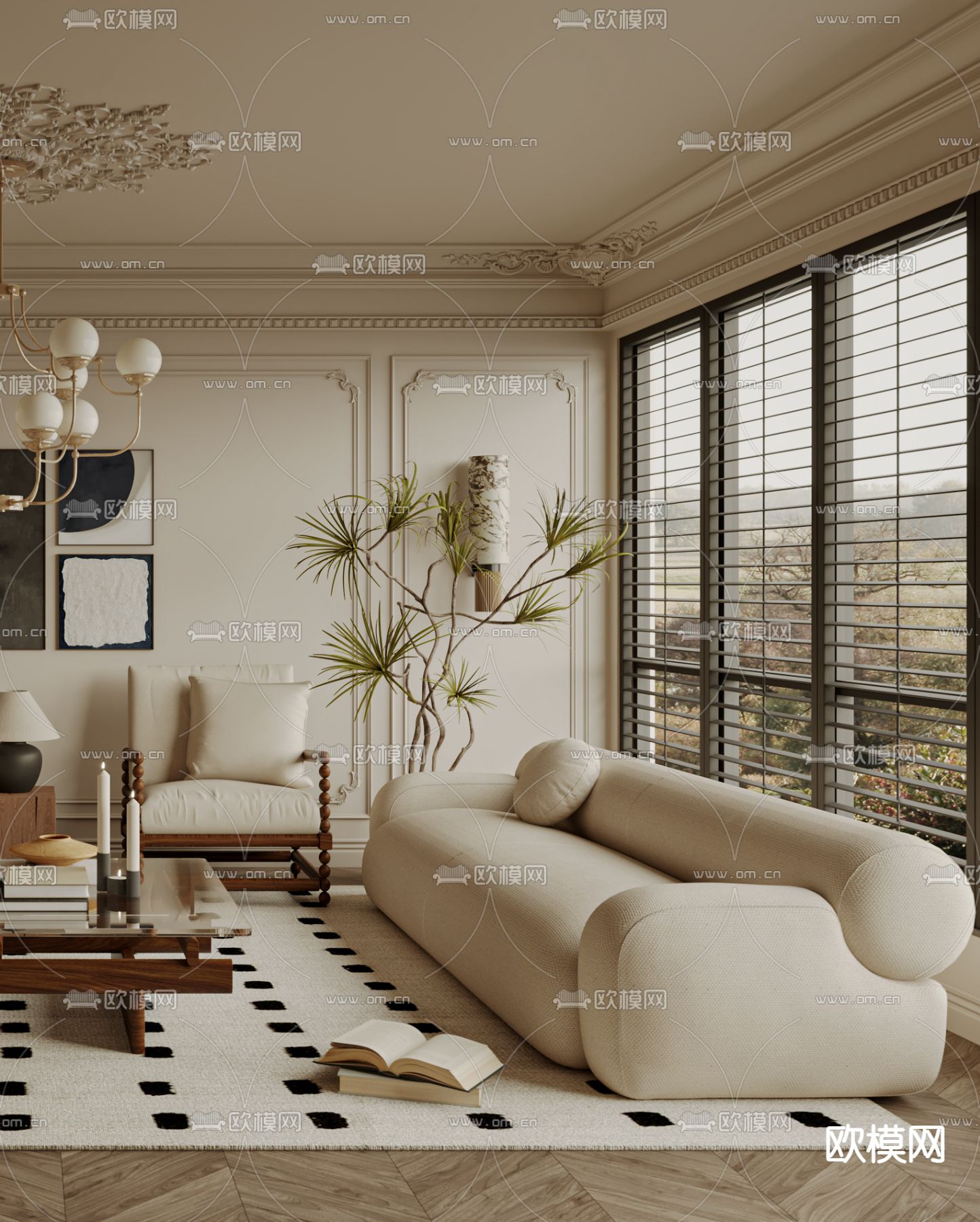 法式客厅3d模型下载（渲染图2）