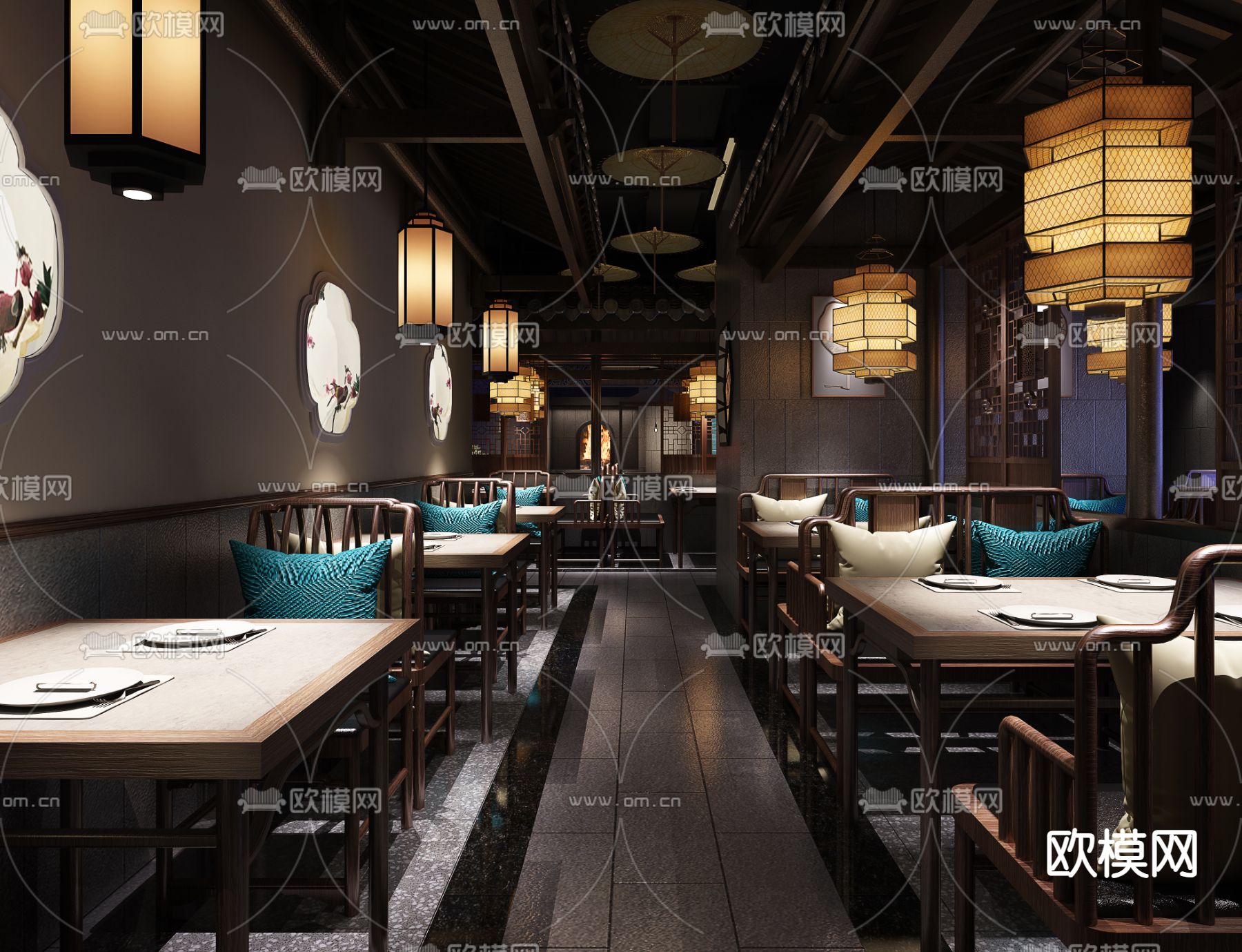 新中式餐厅免费3d模型下载（渲染图2）