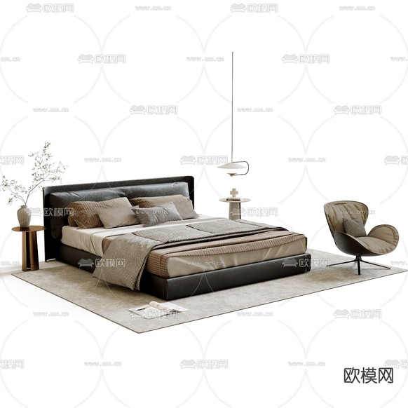 现代双人床免费3d模型下载_ID14252911_3dmax免费模型-欧模网
