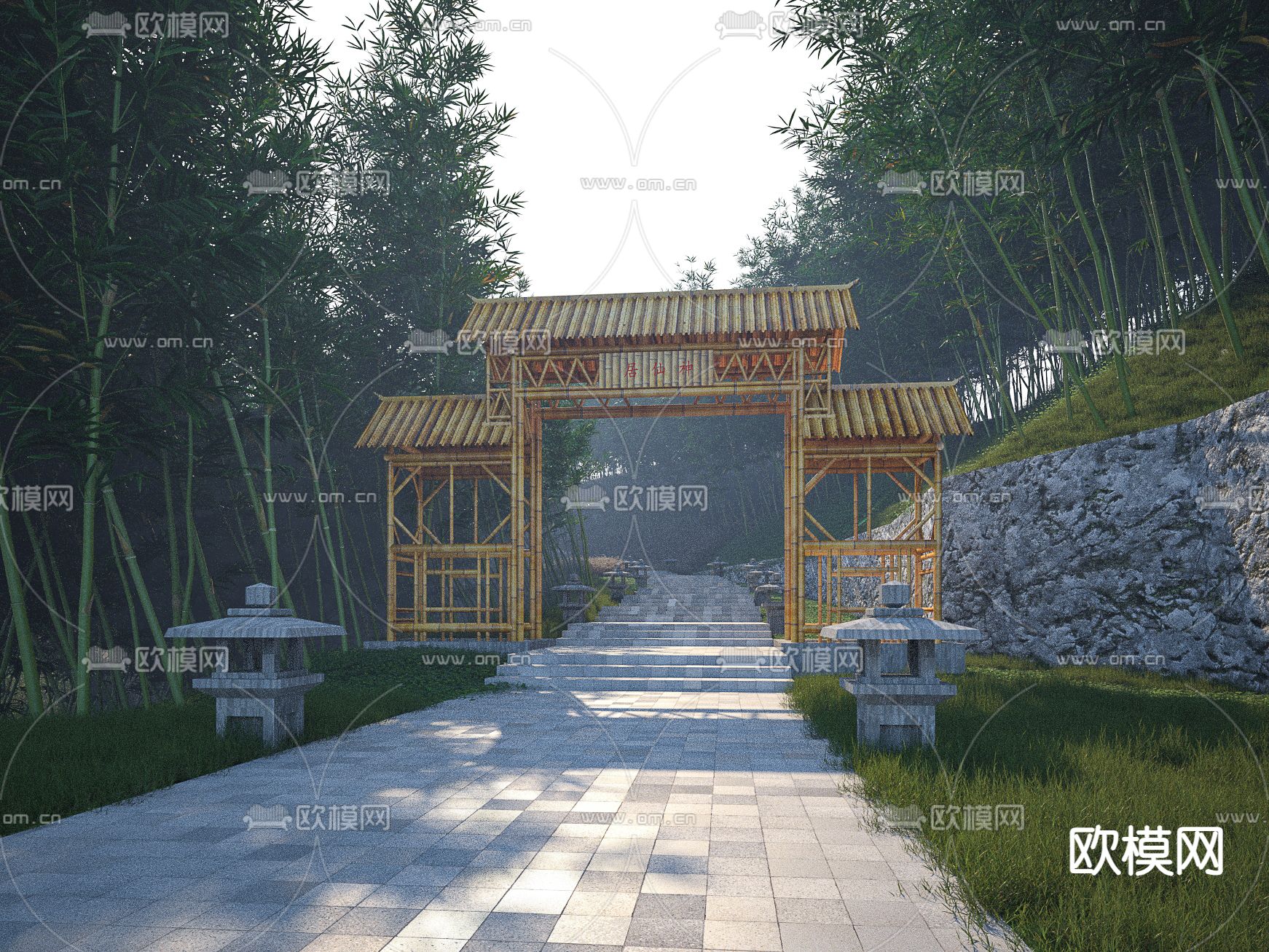 中式牌楼 竹子牌楼 林间小道3d模型下载