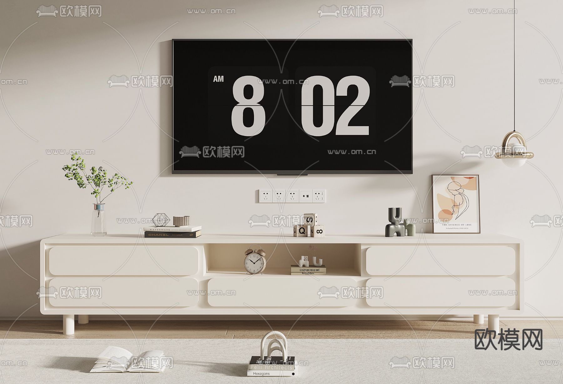 奶油风电视柜su模型下载（渲染图1）