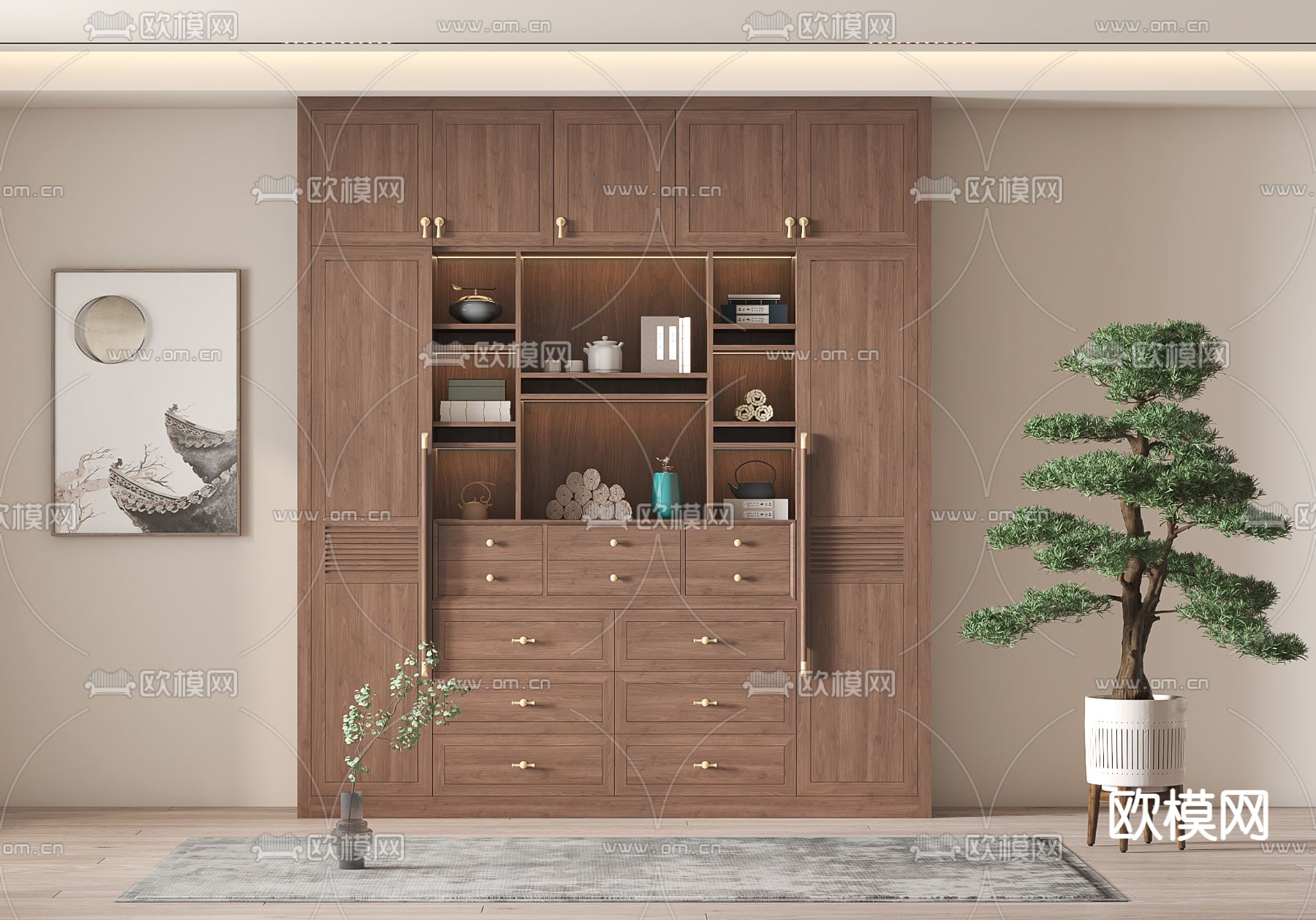 新中式书柜su模型下载（渲染图1）