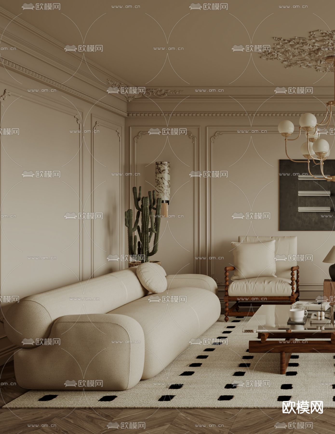 法式客厅3d模型下载（渲染图3）