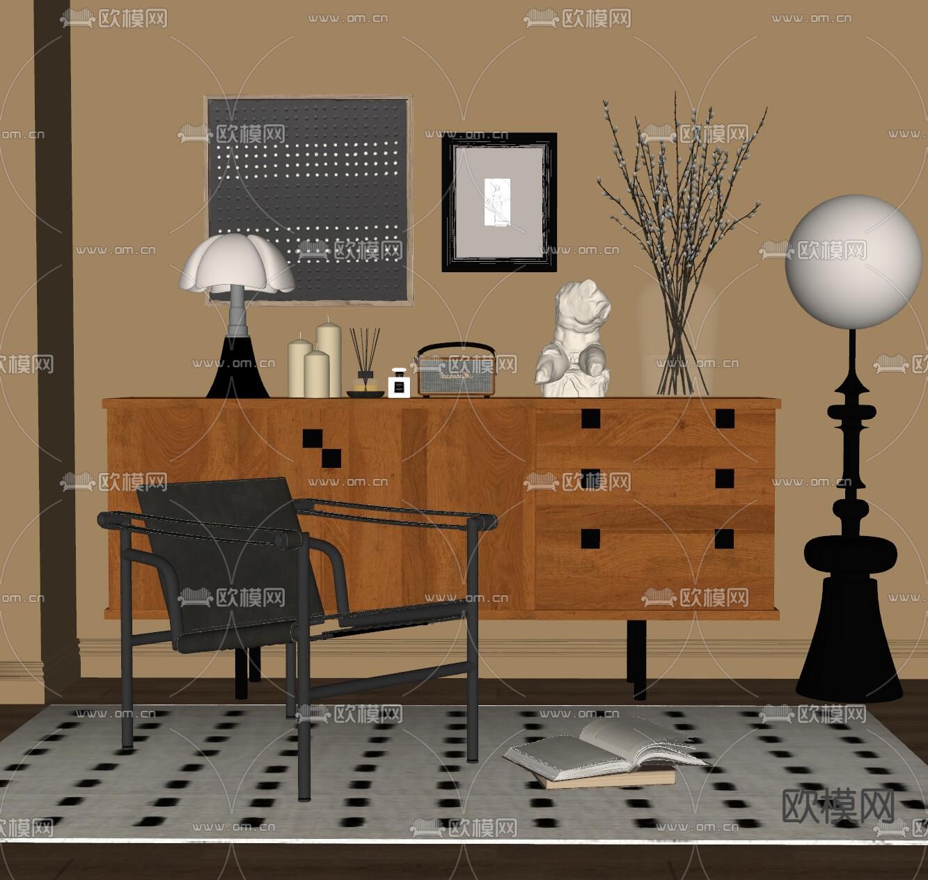 中古风边柜su模型下载（渲染图2）