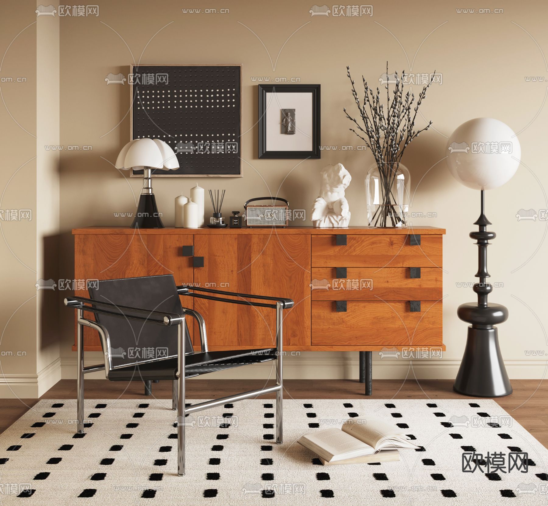 中古风边柜su模型下载（渲染图1）