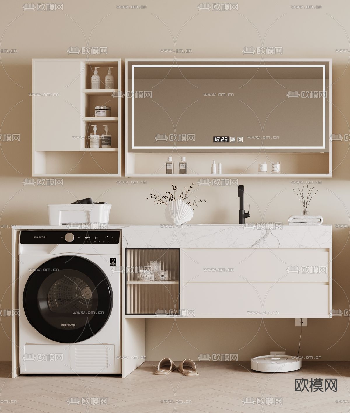 奶油风浴室柜 洗手台3d模型下载（渲染图2）