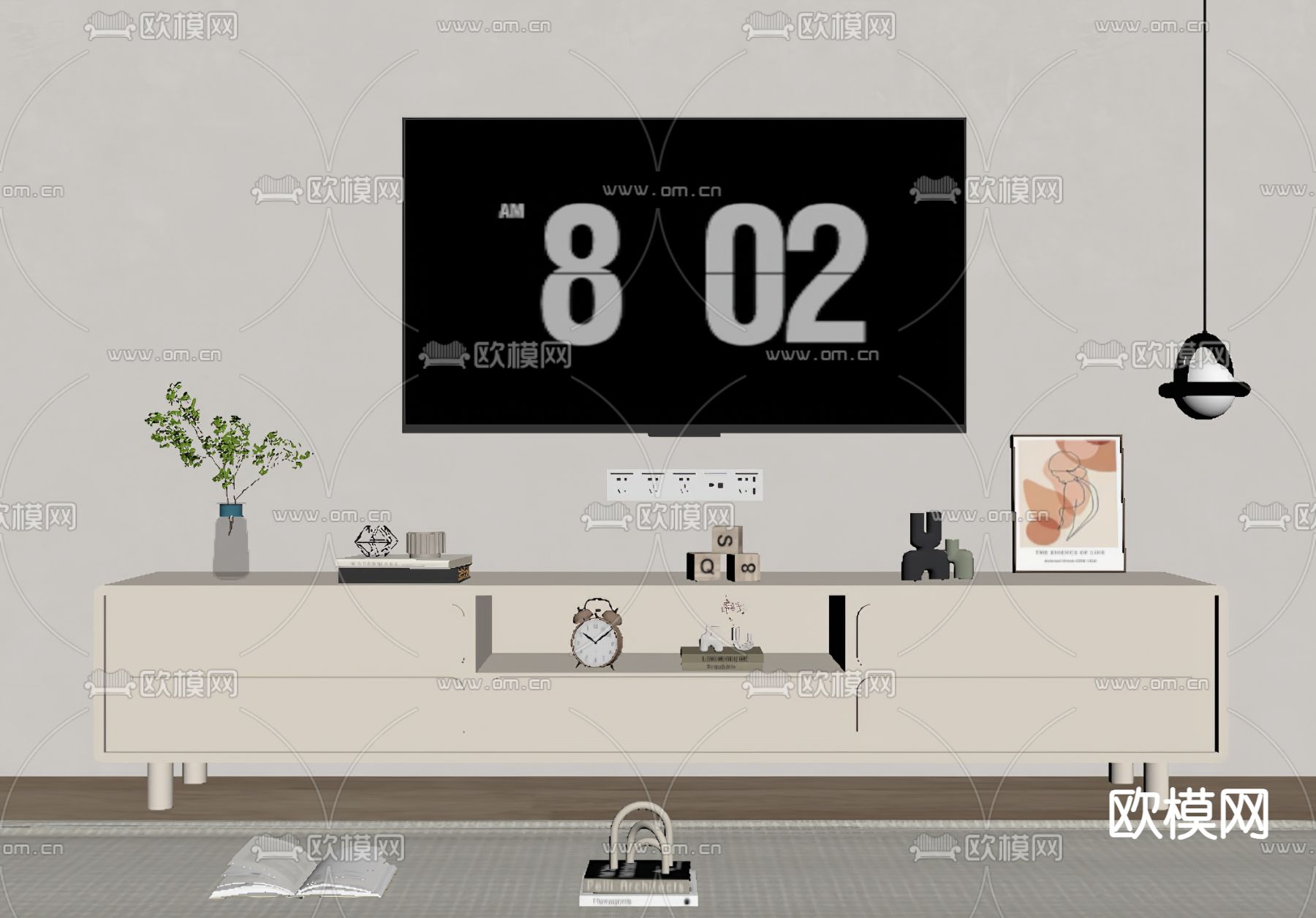 奶油风电视柜su模型下载（渲染图2）