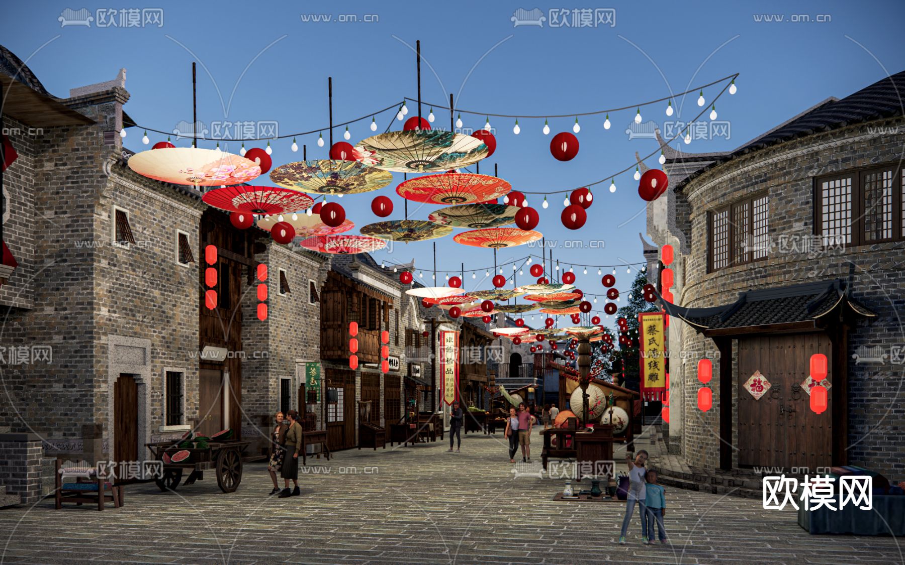 中式商业街su模型下载（渲染图1）