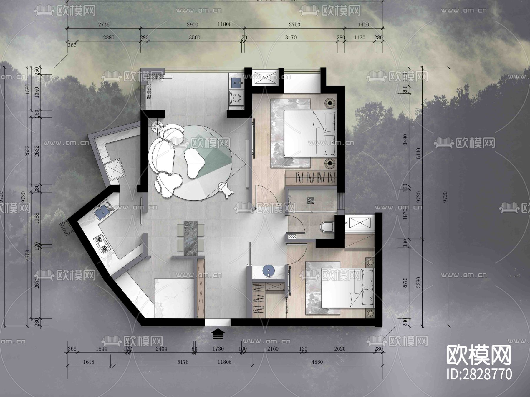 100㎡单身公寓cad平面布置图下载（渲染图2）