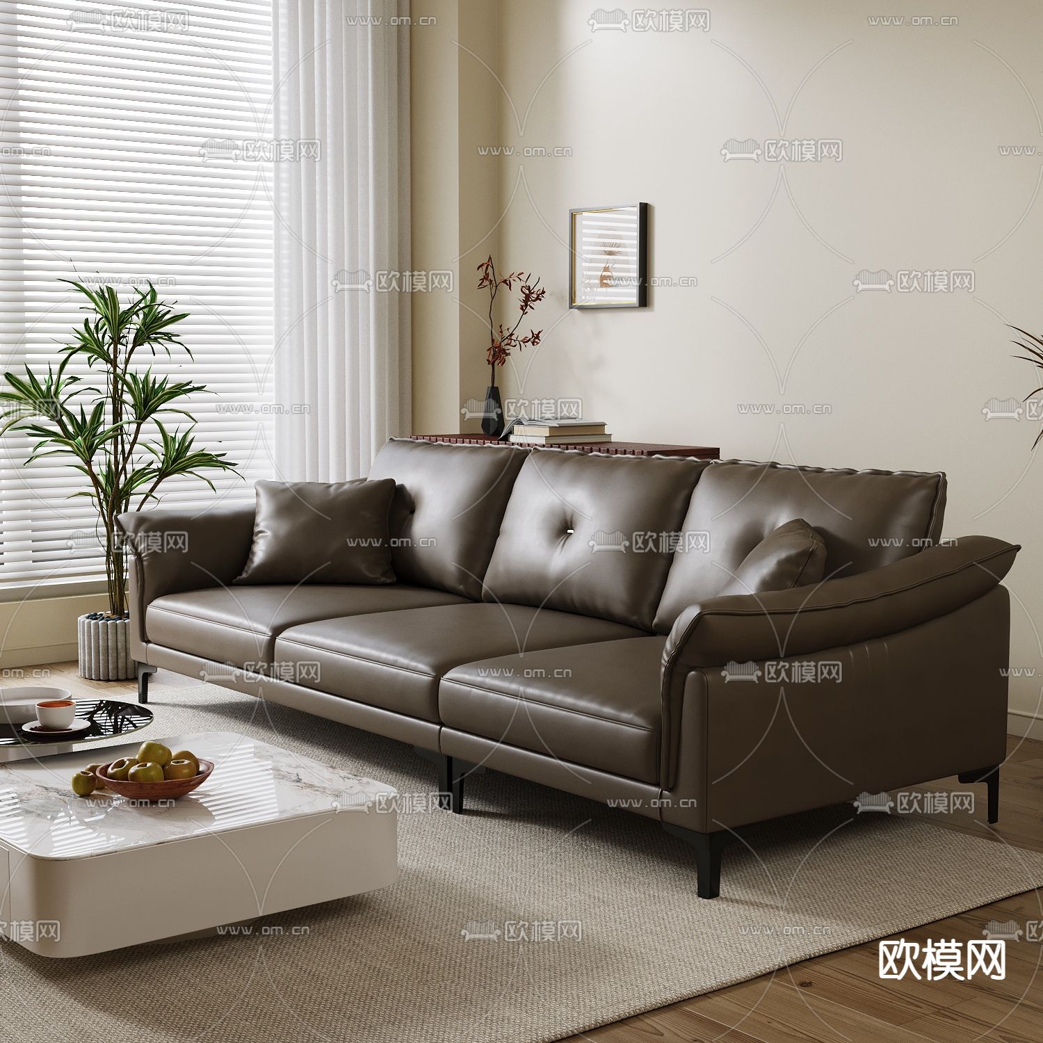 多人沙发 皮革沙发 三人沙发3d模型下载（渲染图3）