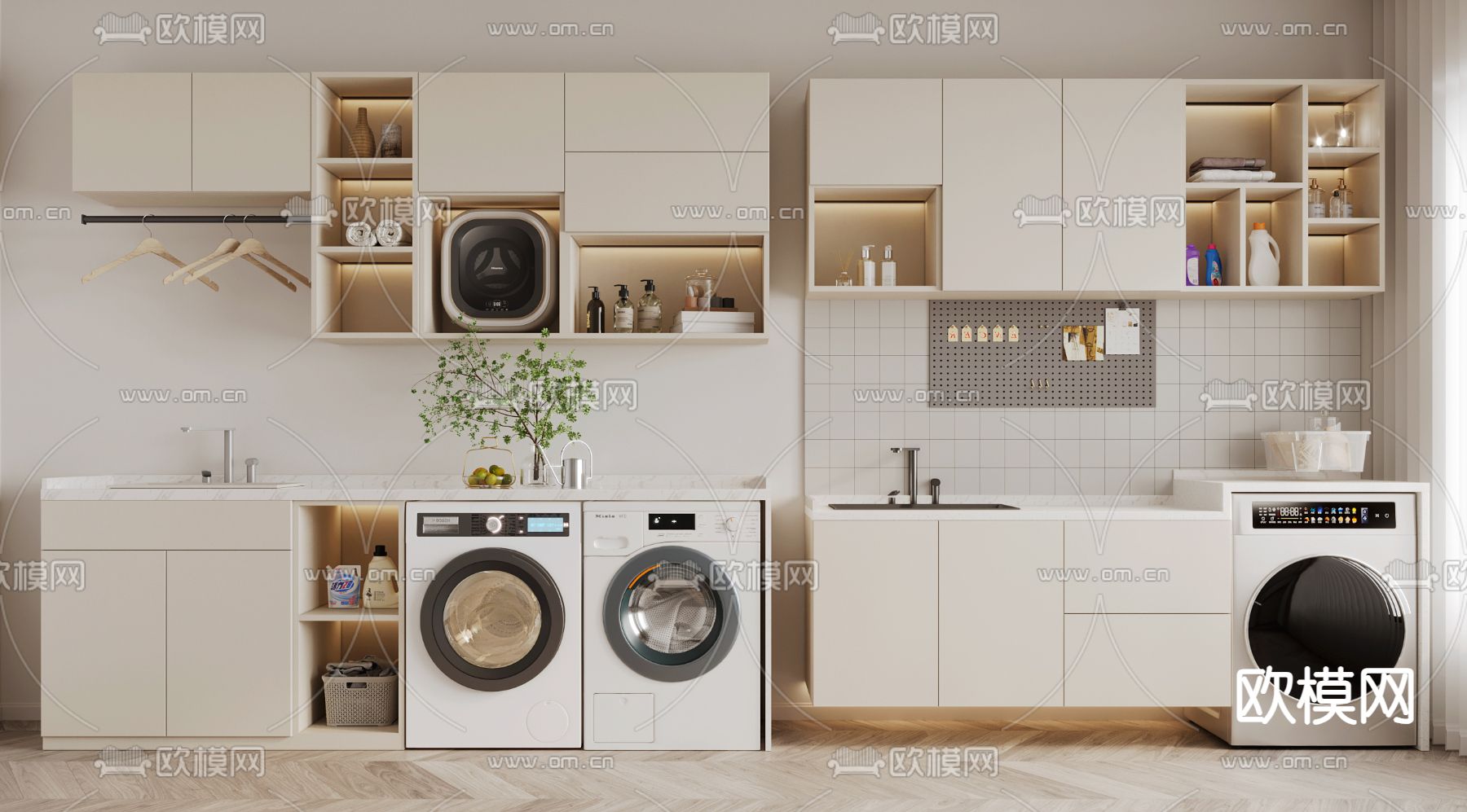 奶油风浴室柜 洗衣机柜3d模型下载