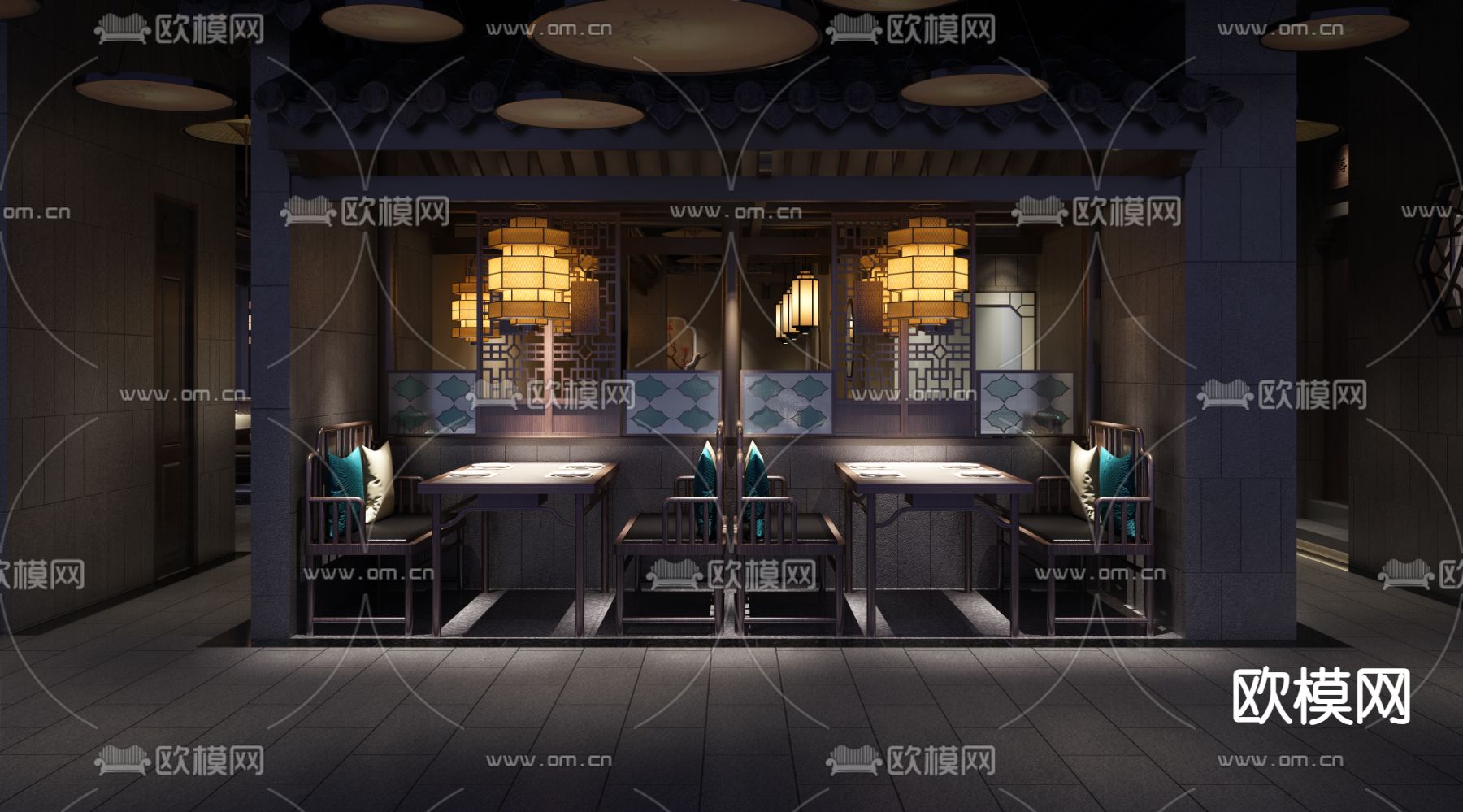 新中式餐厅免费3d模型下载（渲染图1）