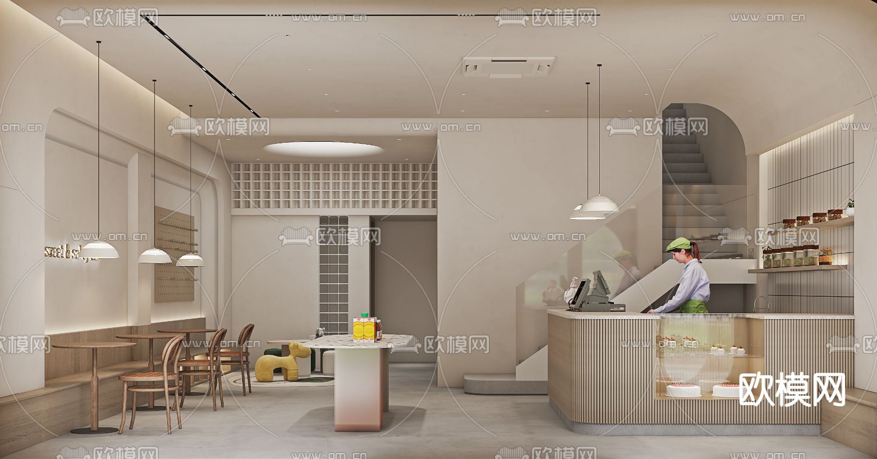 奶油风蛋糕店 面包店 烘焙店3d模型下载（渲染图2）