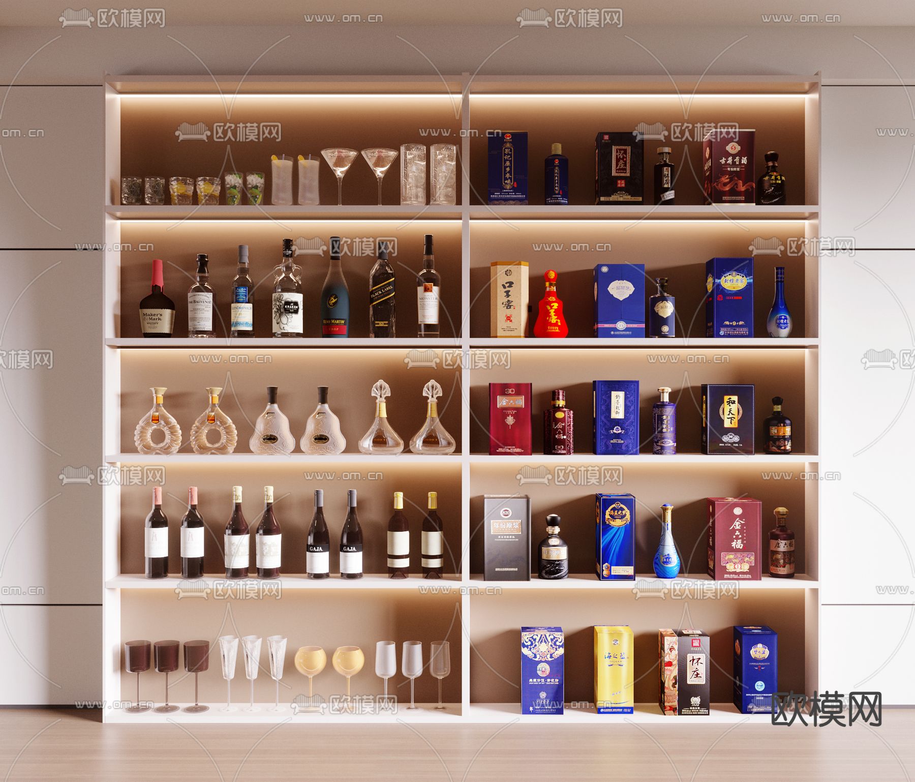 洋酒 红酒 白酒 酒杯 酒瓶 酒架3d模型下载
