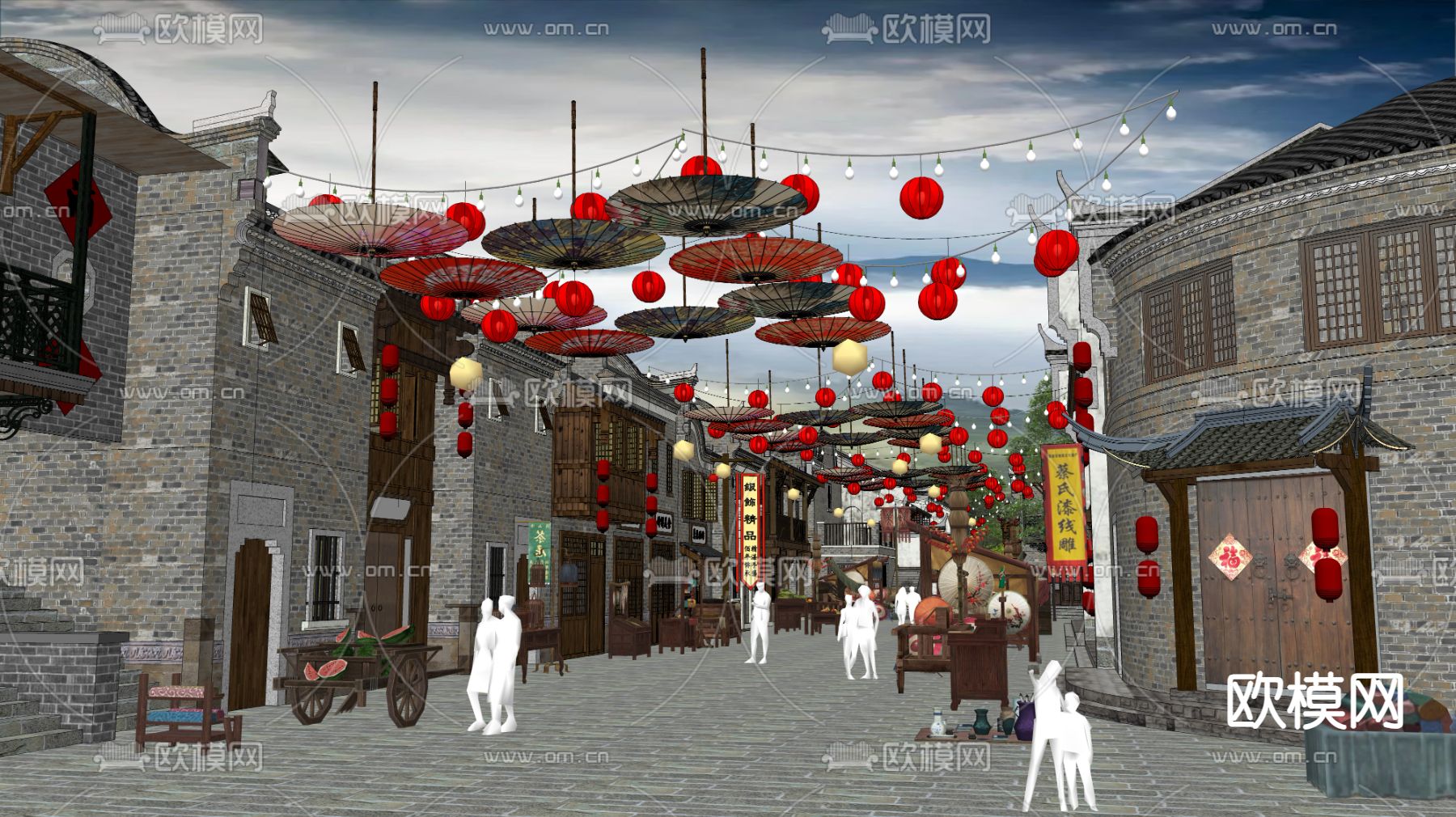 中式商业街su模型下载（渲染图2）