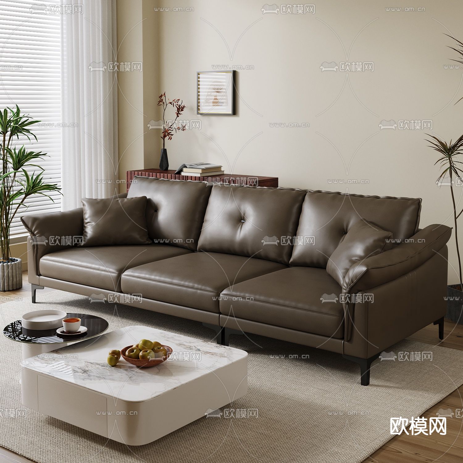 多人沙发 皮革沙发 三人沙发3d模型下载（渲染图2）