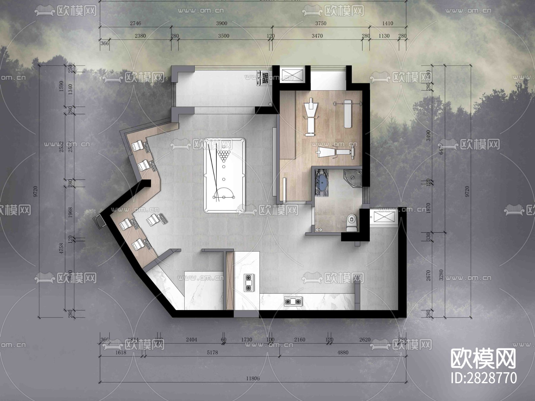 100㎡单身公寓cad平面布置图下载（渲染图1）