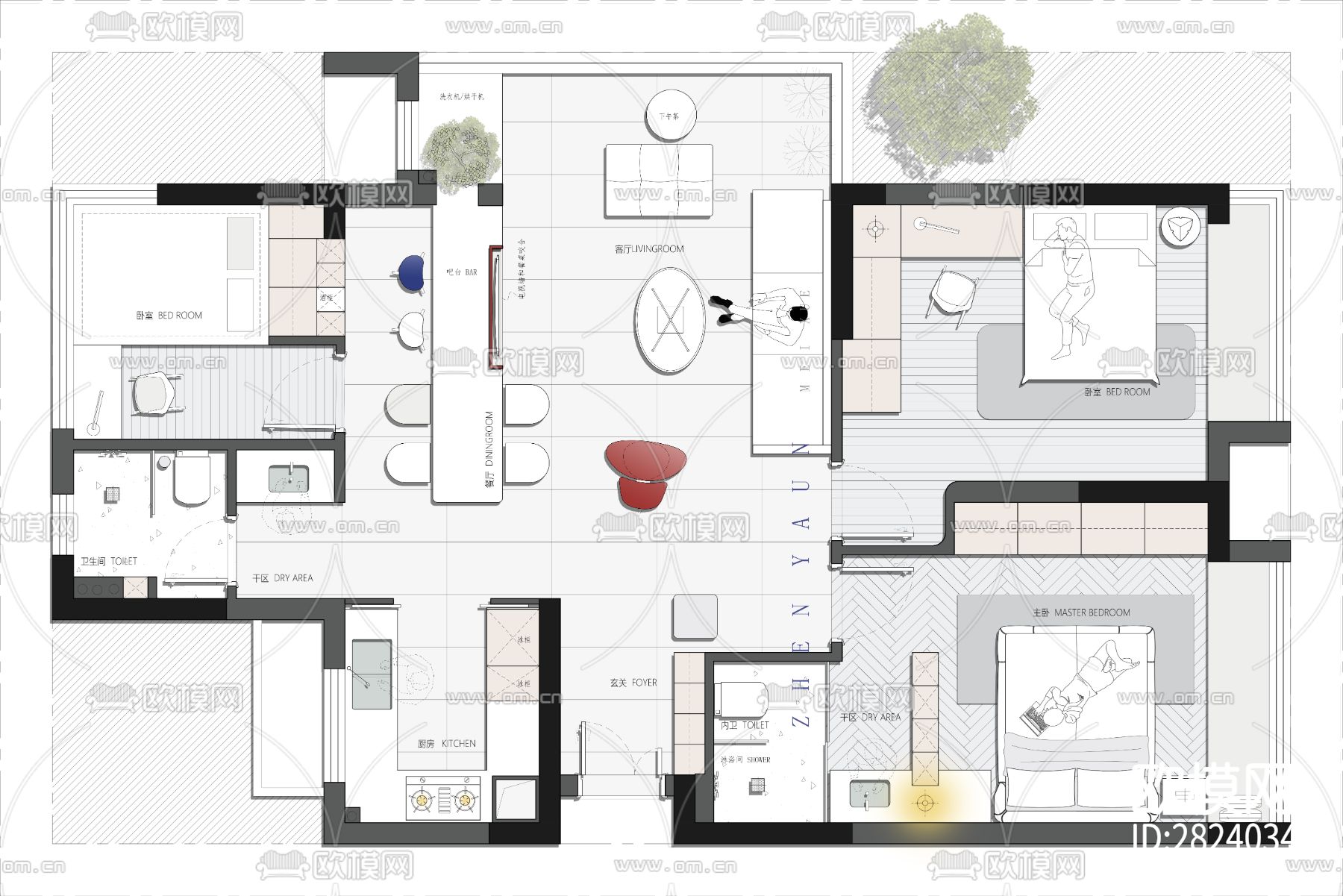 平层 115平CAD施工图下载（渲染图1）