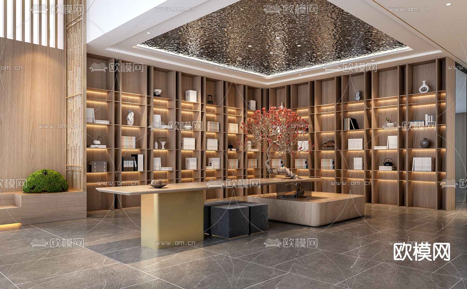 中式书吧 图书馆3d模型下载（渲染图1）
